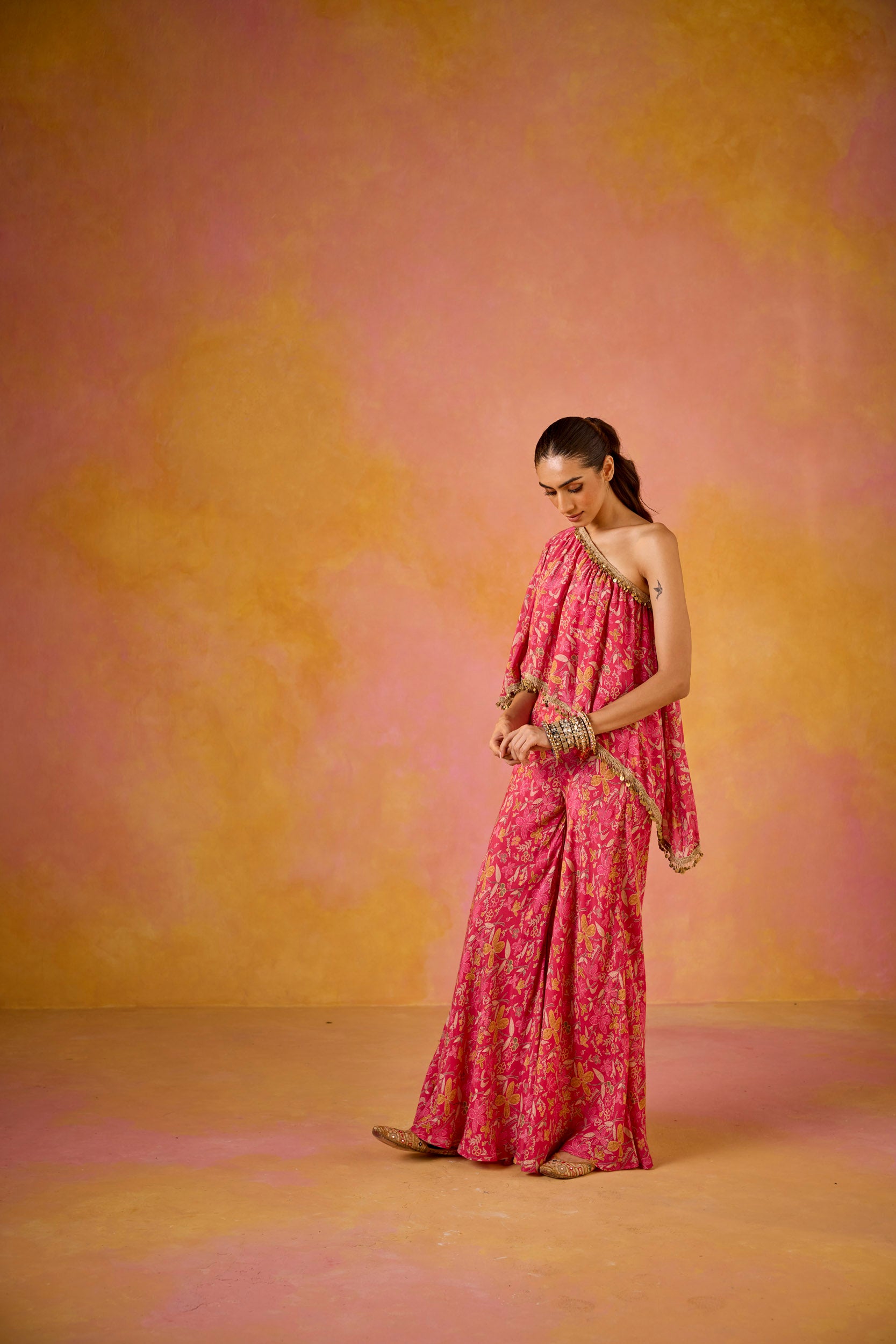 Amayra Hot Pink Muslin One-Shoulder Top & Flared Sharara Set