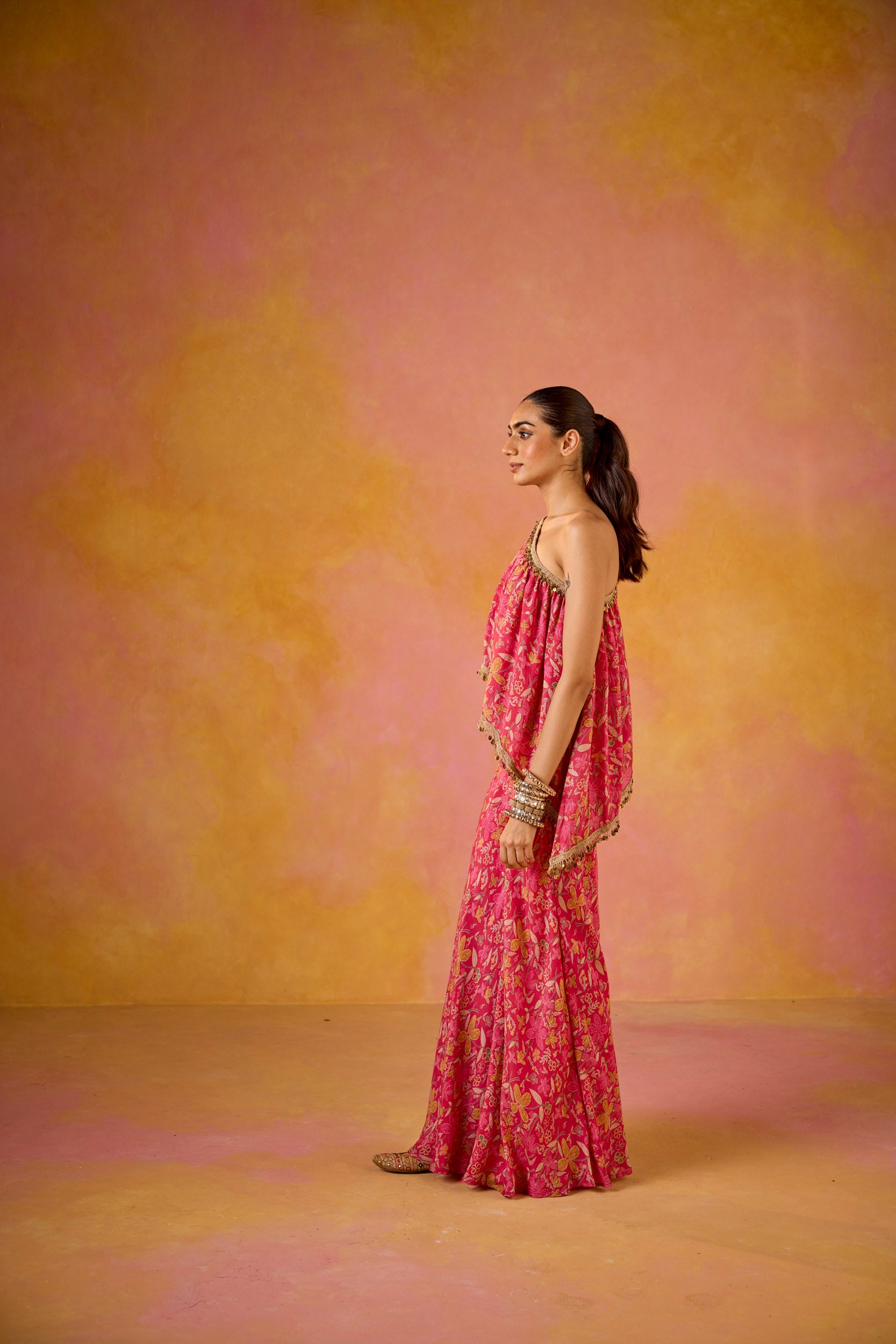 Amayra Hot Pink Muslin One-Shoulder Top & Flared Sharara Set