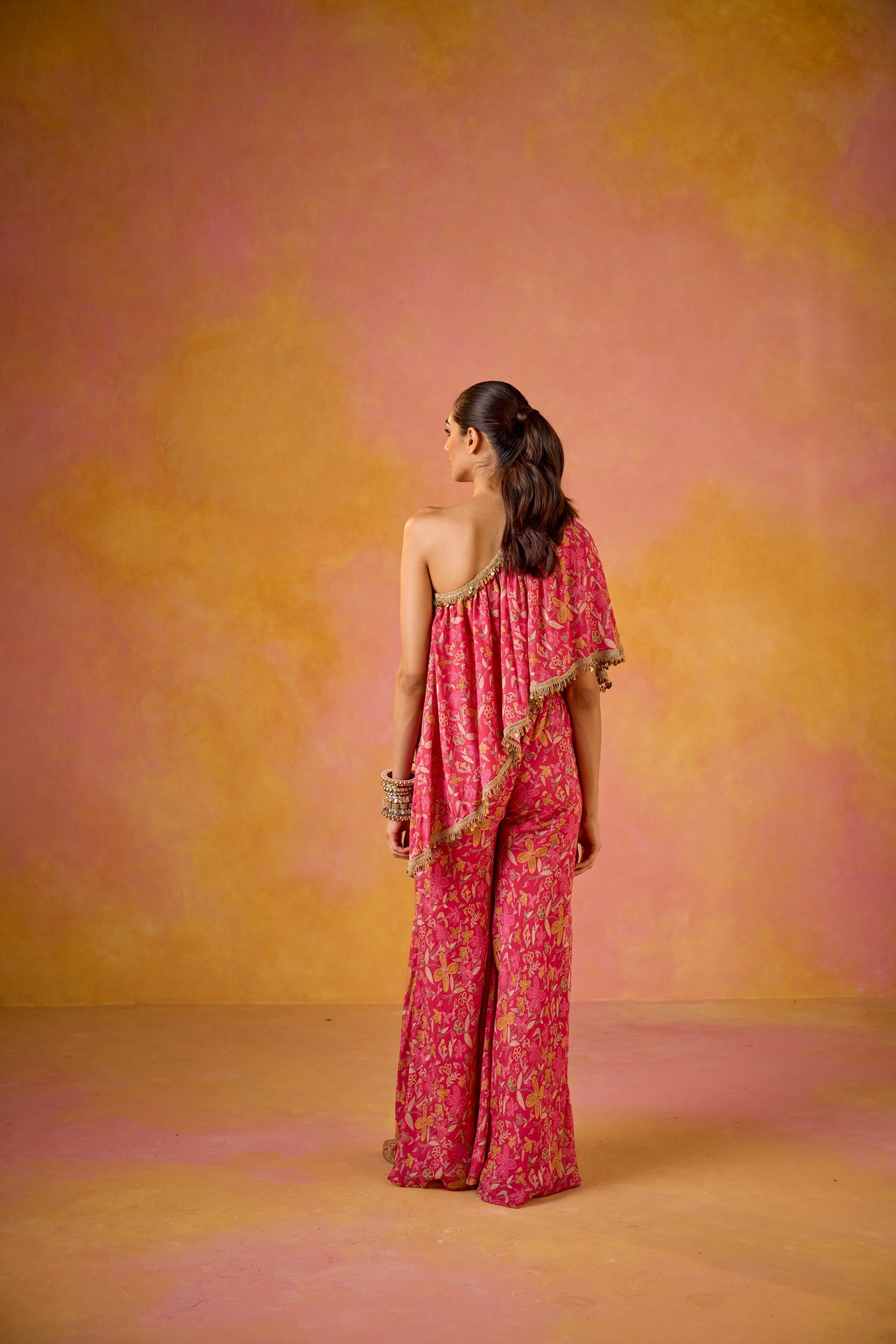 Amayra Hot Pink Muslin One-Shoulder Top & Flared Sharara Set