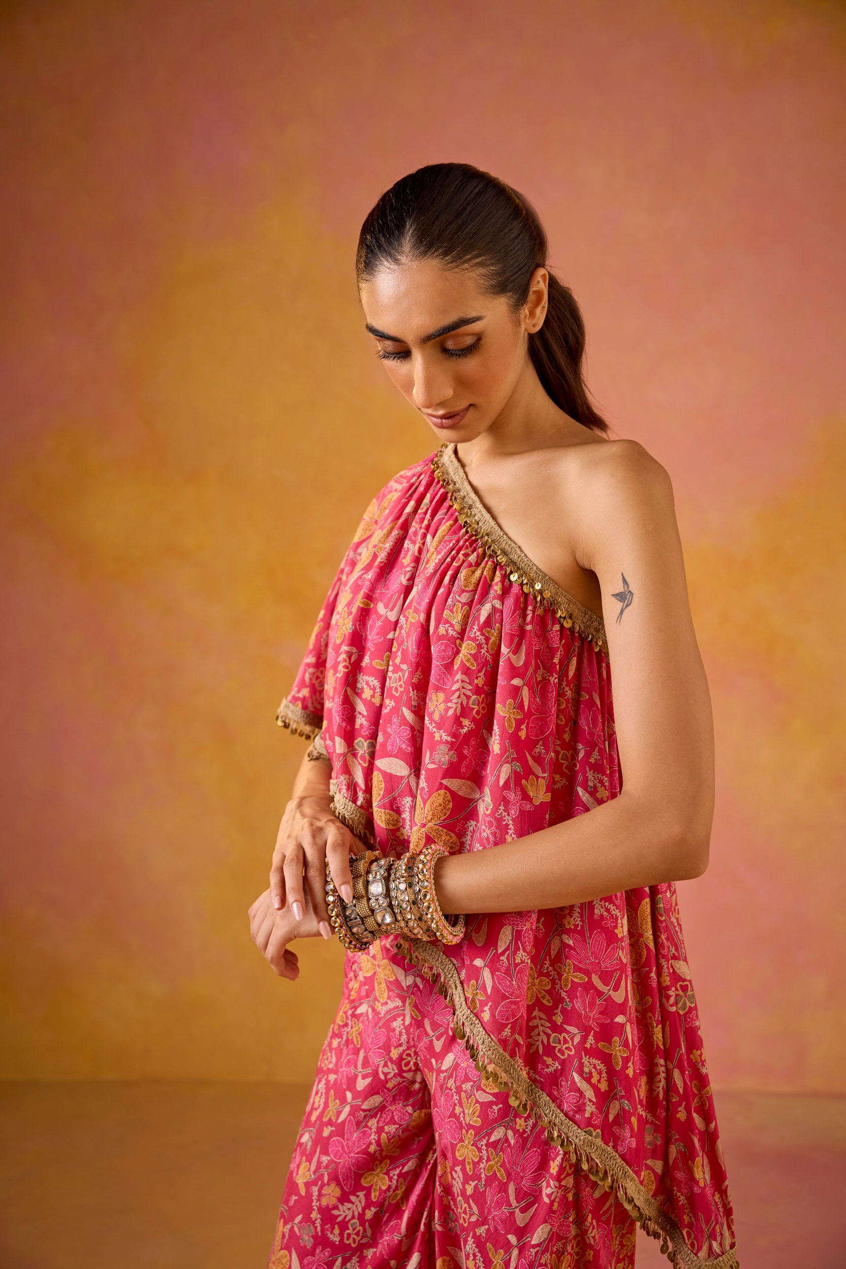 Amayra Hot Pink Muslin One-Shoulder Top & Flared Sharara Set