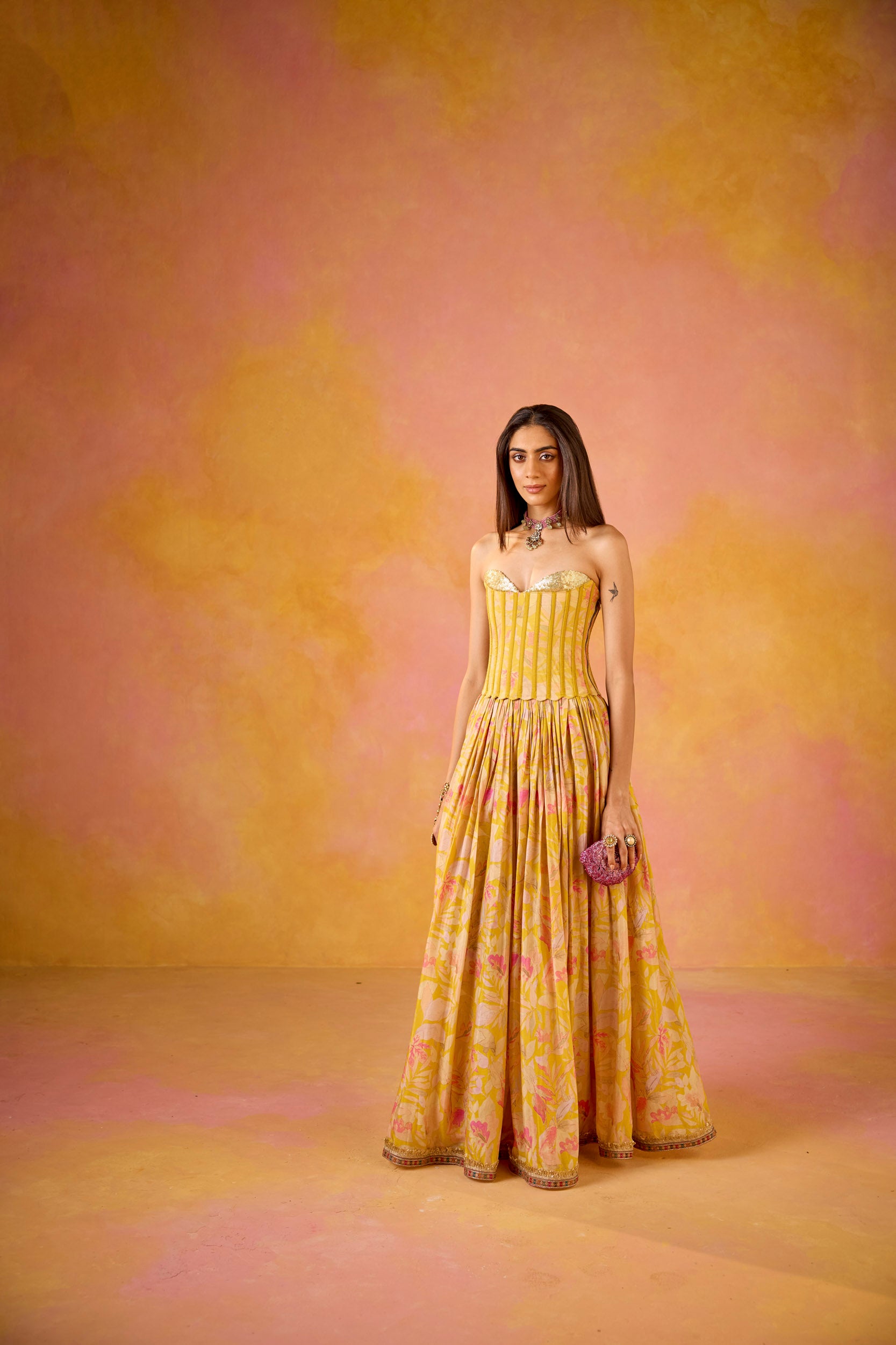 Anaya Yellow Sequinned Corset Muslin Lehenga Set
