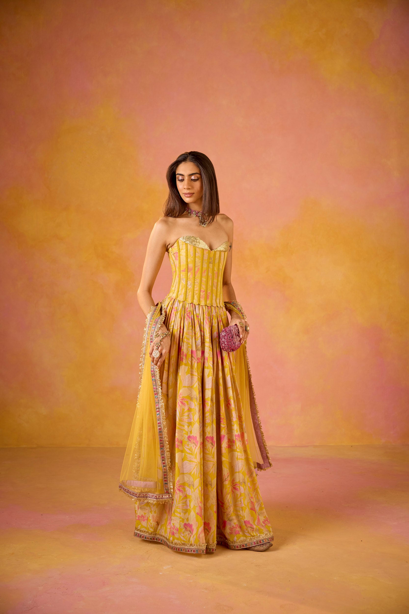 Anaya Yellow Sequinned Corset Muslin Lehenga Set