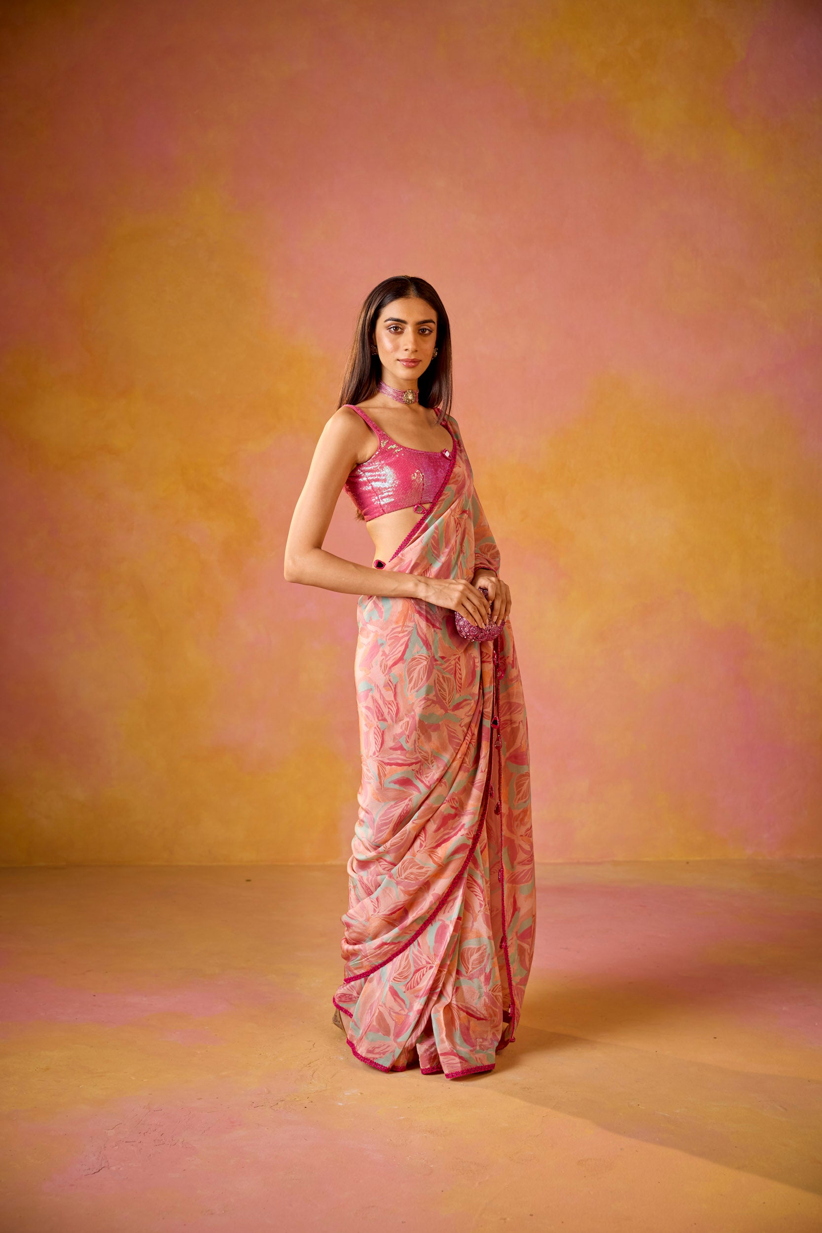 Sitara Pink Crepe Saree With Hot Pink Sequinned Blouse