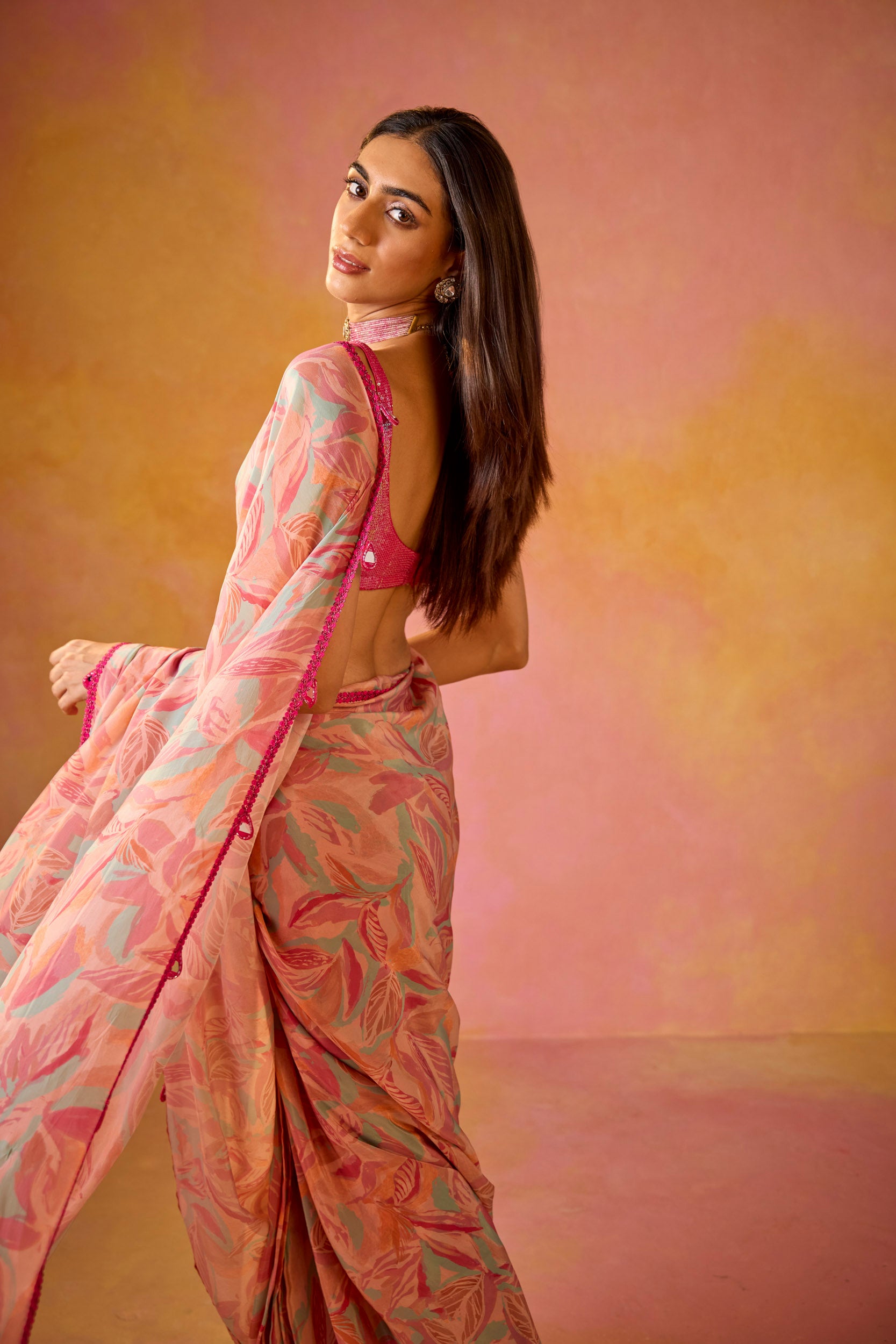 Sitara Pink Crepe Saree With Hot Pink Sequinned Blouse