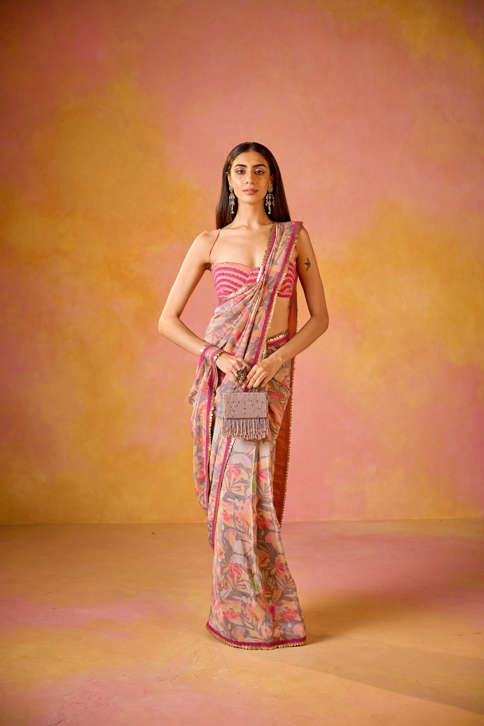 Aarzoo Grey Crepe Saree With Peach Embroidered Blouse