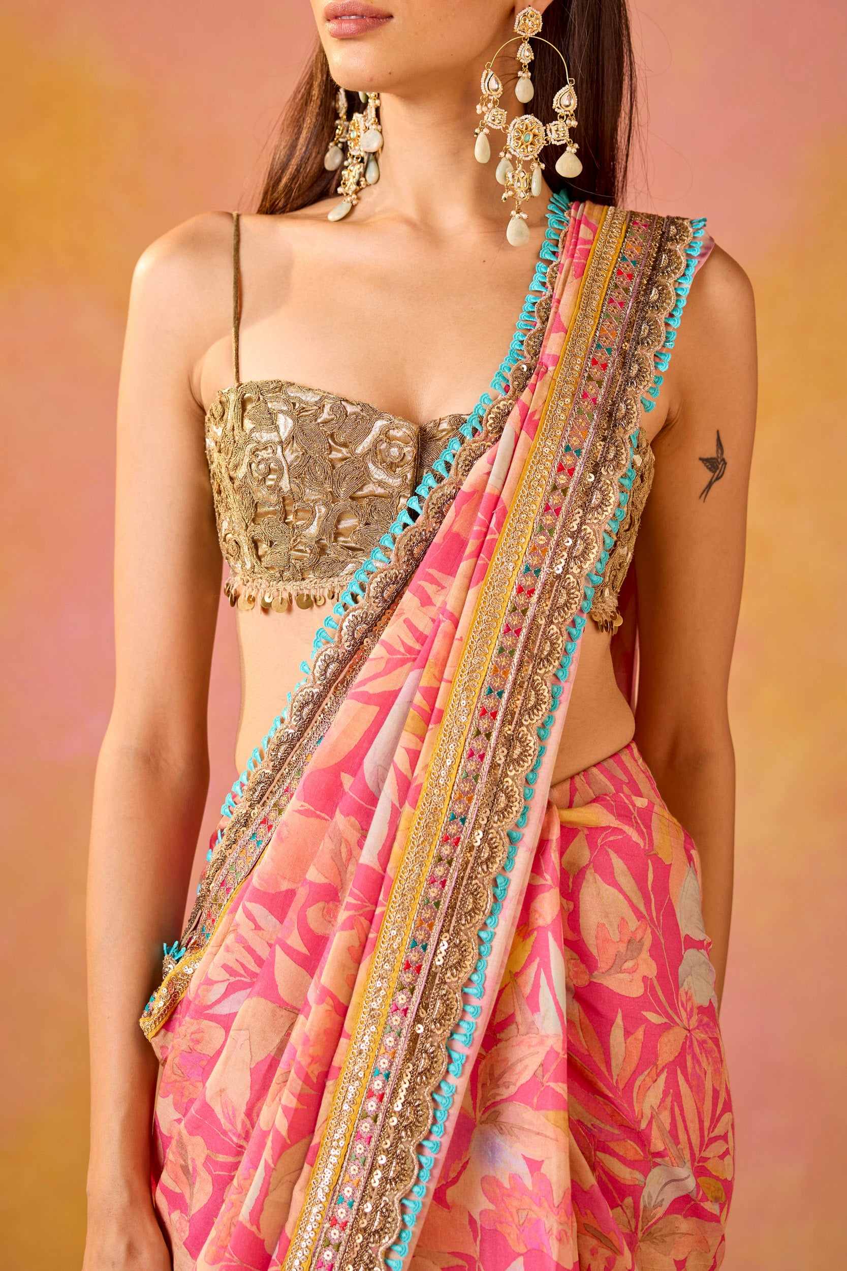Aarohi Pink Muslin Saree With Gold Embroidered Blouse