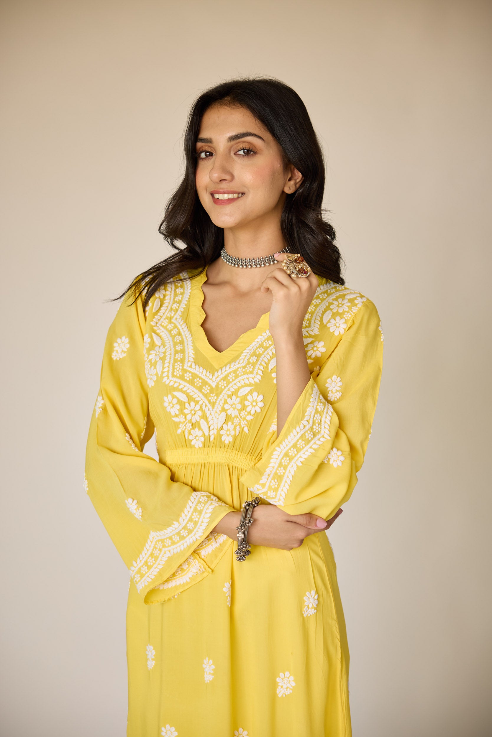 Henna Yellow Modal Hand Embroidered Chikankari Kurta
