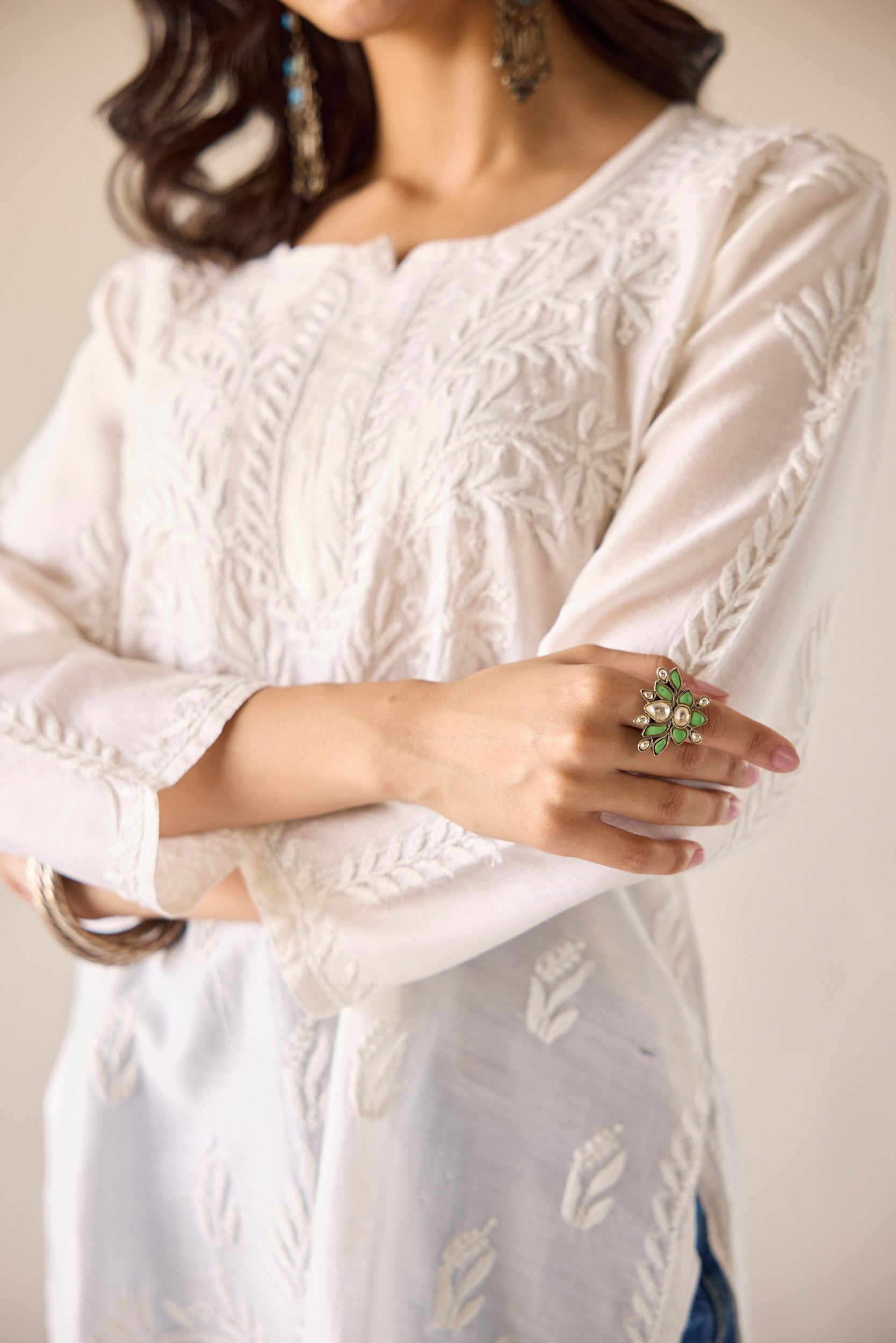 Sangeeta Eggshell White Chanderi Hand Embroidered Short Chikankari Kurti