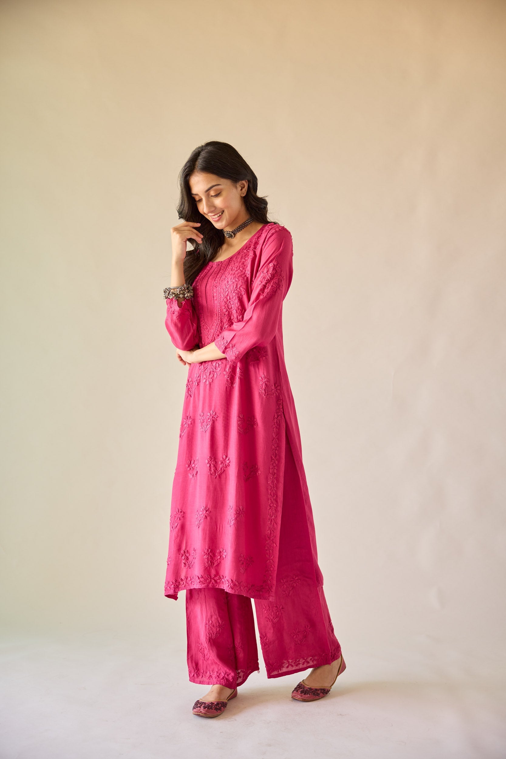 Yara Hot Pink Modal Hand Embroidered Chikankari Kurta & Pant Set