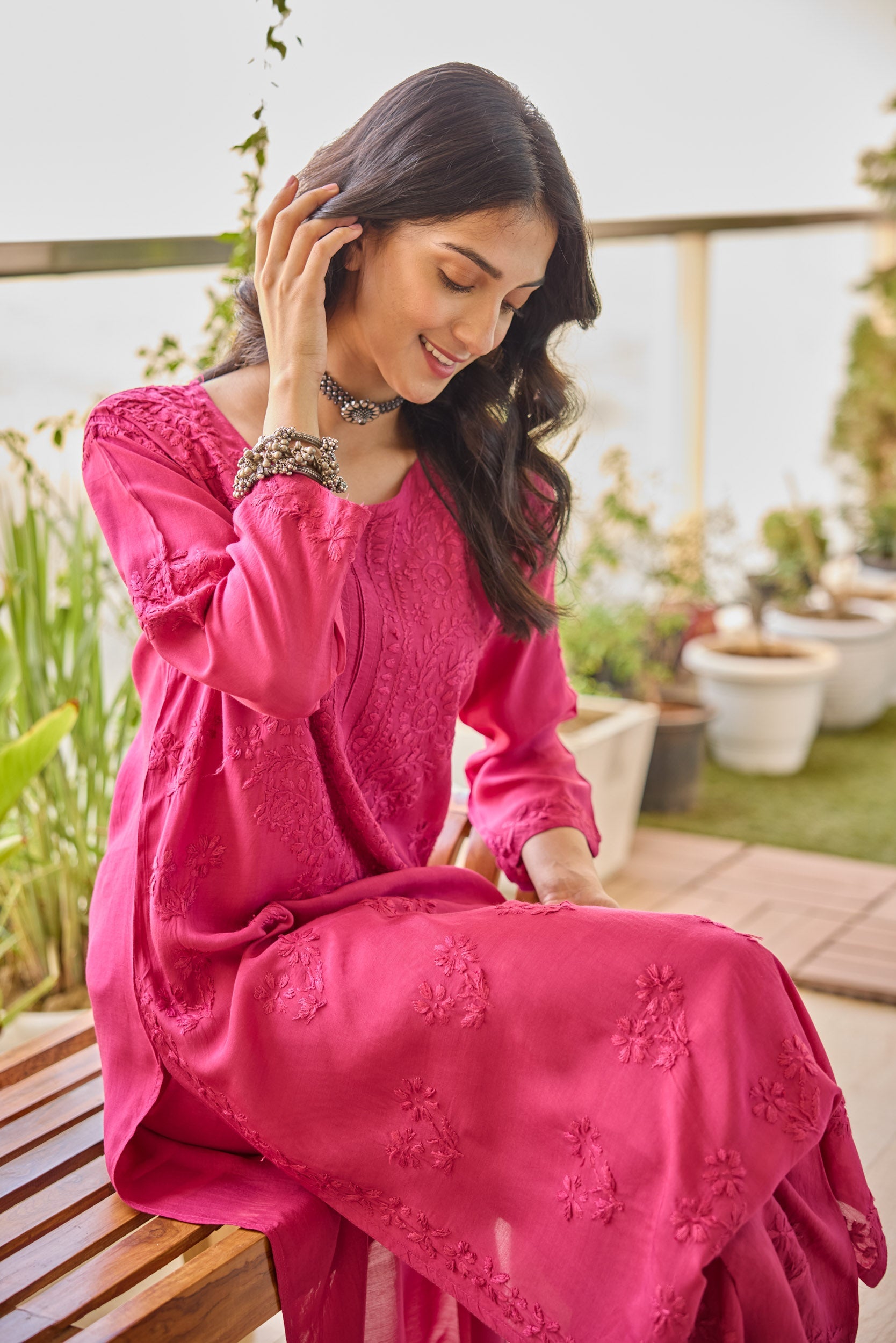 Yara Hot Pink Modal Hand Embroidered Chikankari Kurta & Pant Set