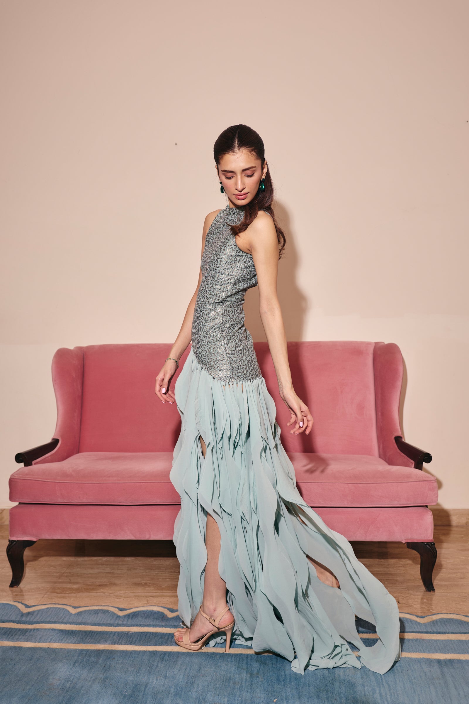 St. Tropez blue Embellished frill Gown