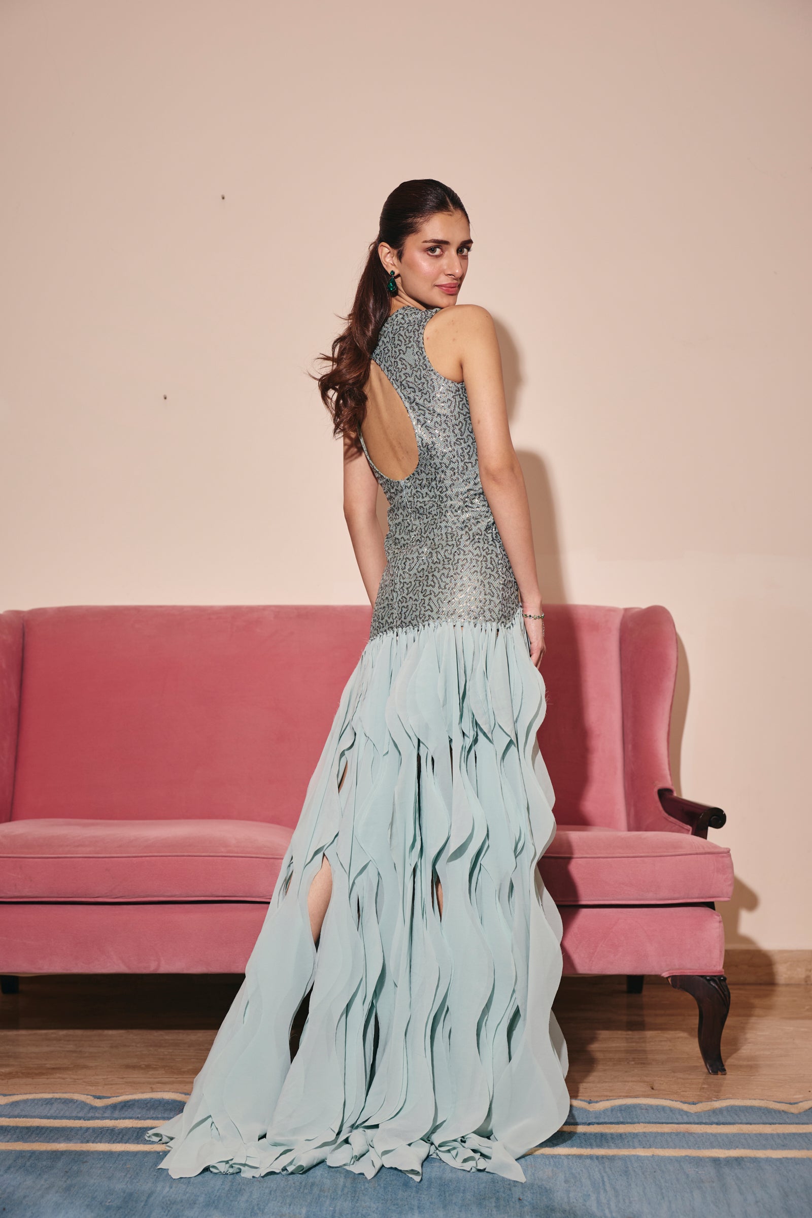 St. Tropez blue Embellished frill Gown