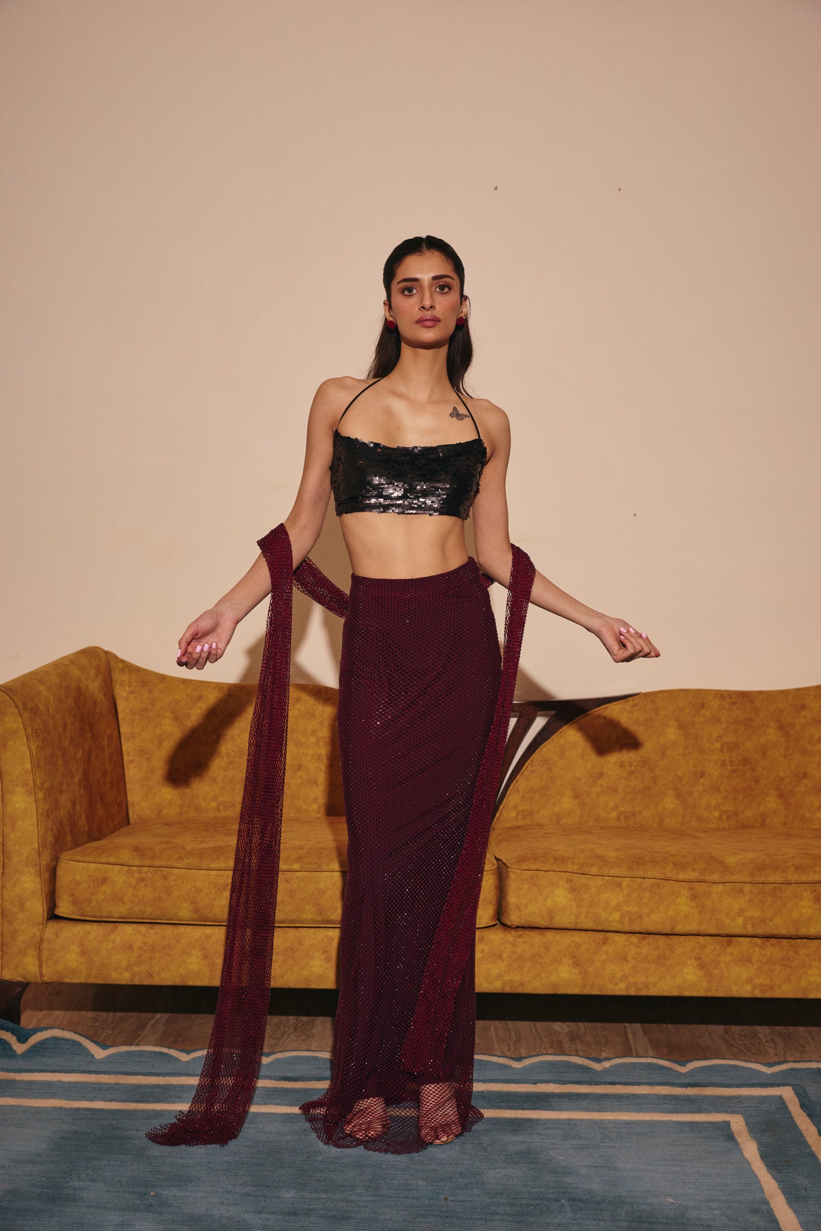 Antalya maroon Crystal Embellished Maxi Skirt