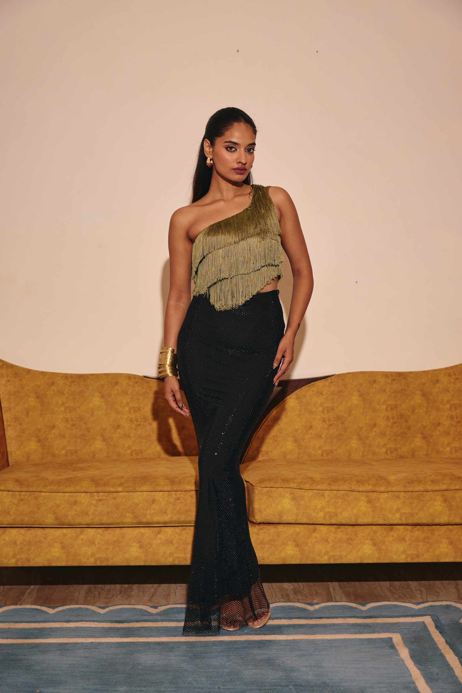Galle green Fringe One-Shoulder Top
