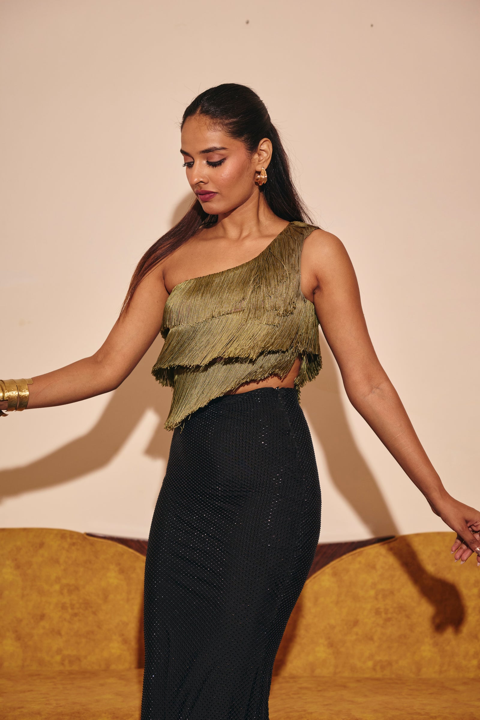 Galle green Fringe One-Shoulder Top