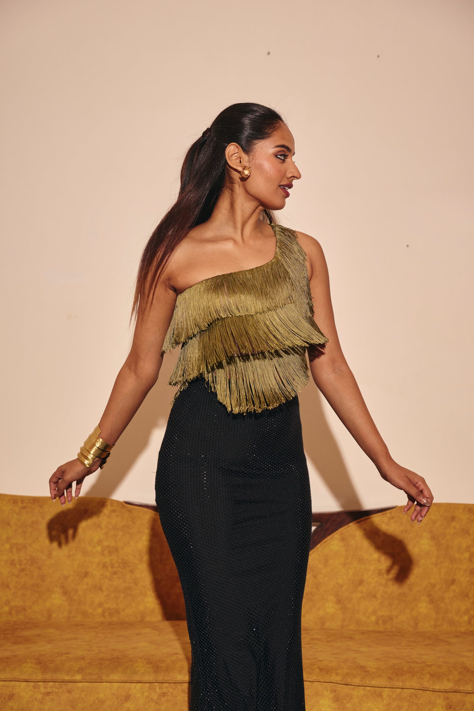 Galle green Fringe One-Shoulder Top