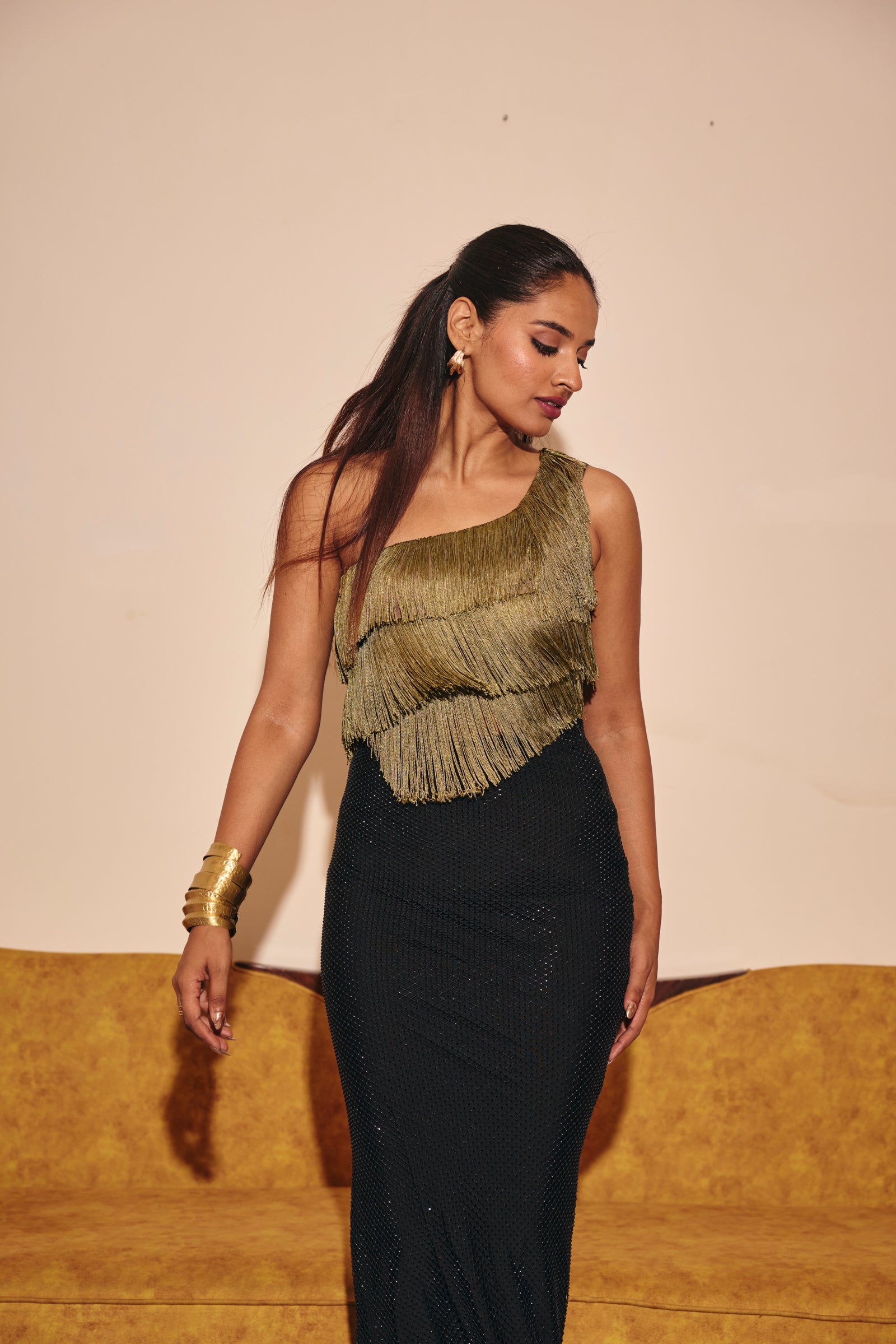 Galle green Fringe One-Shoulder Top