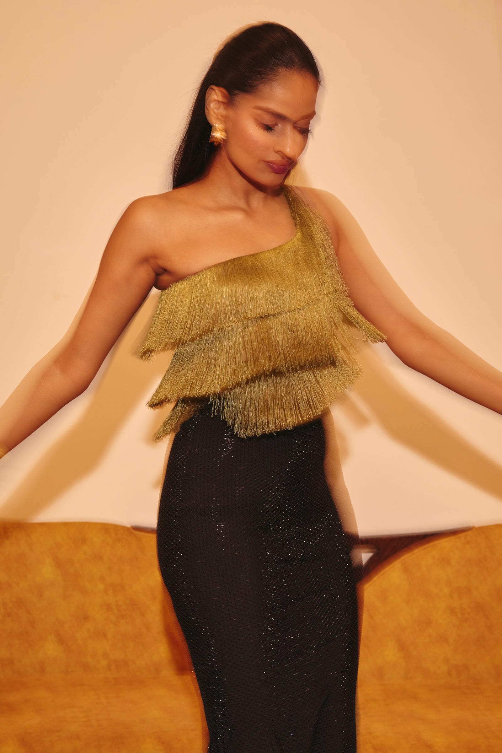 Galle green Fringe One-Shoulder Top