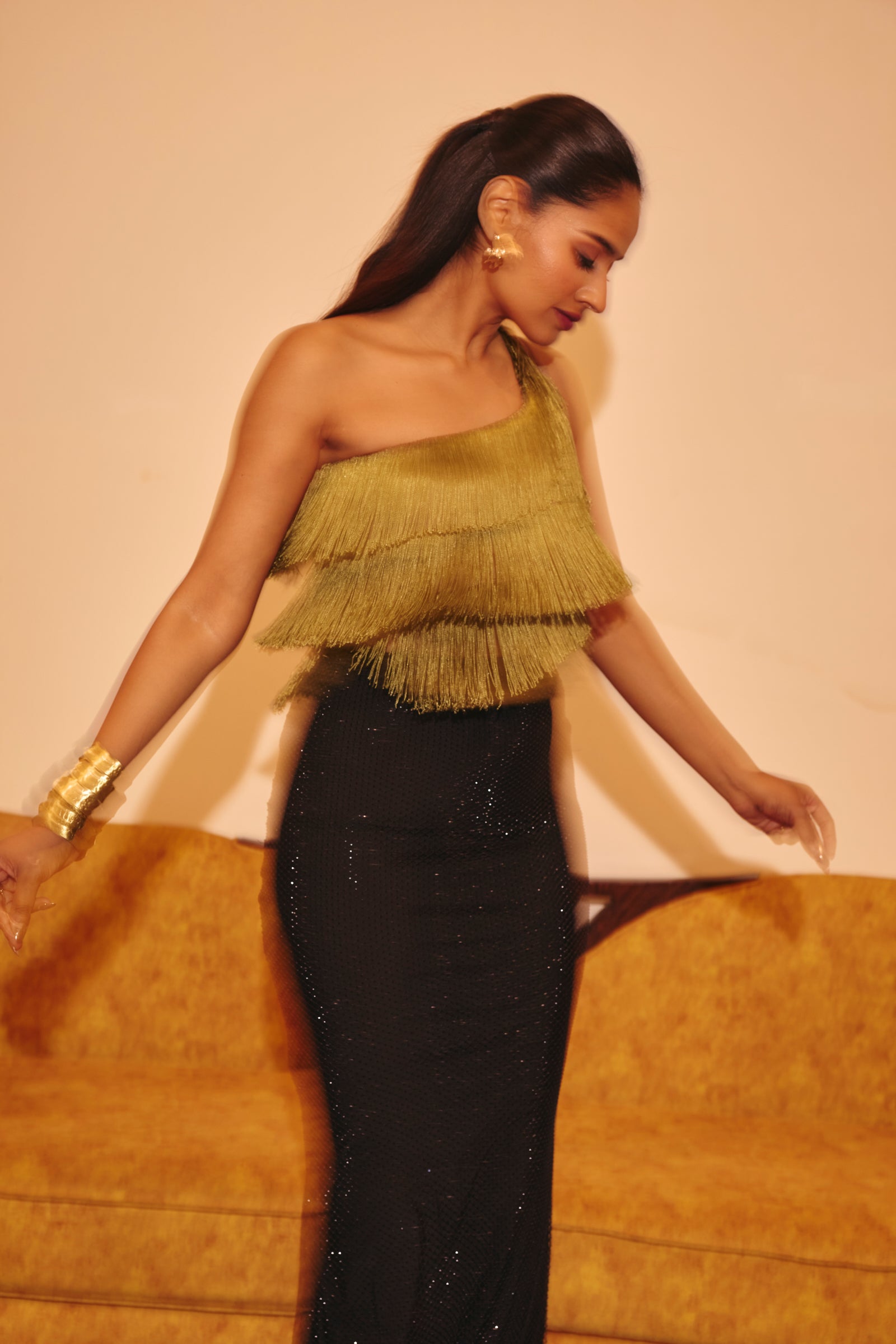 Galle green Fringe One-Shoulder Top