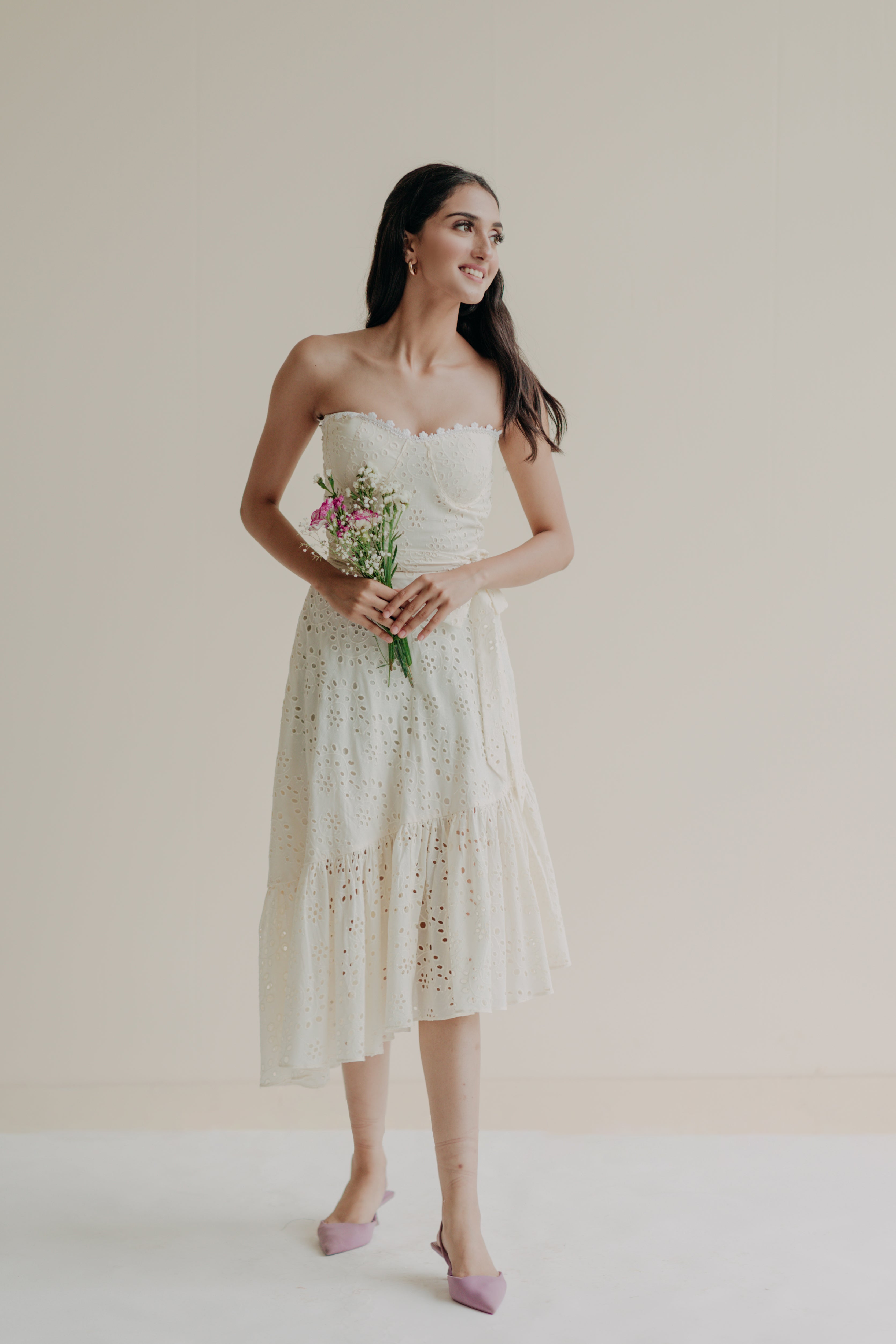 Ophelia Off-White Schiffli Midi Dress