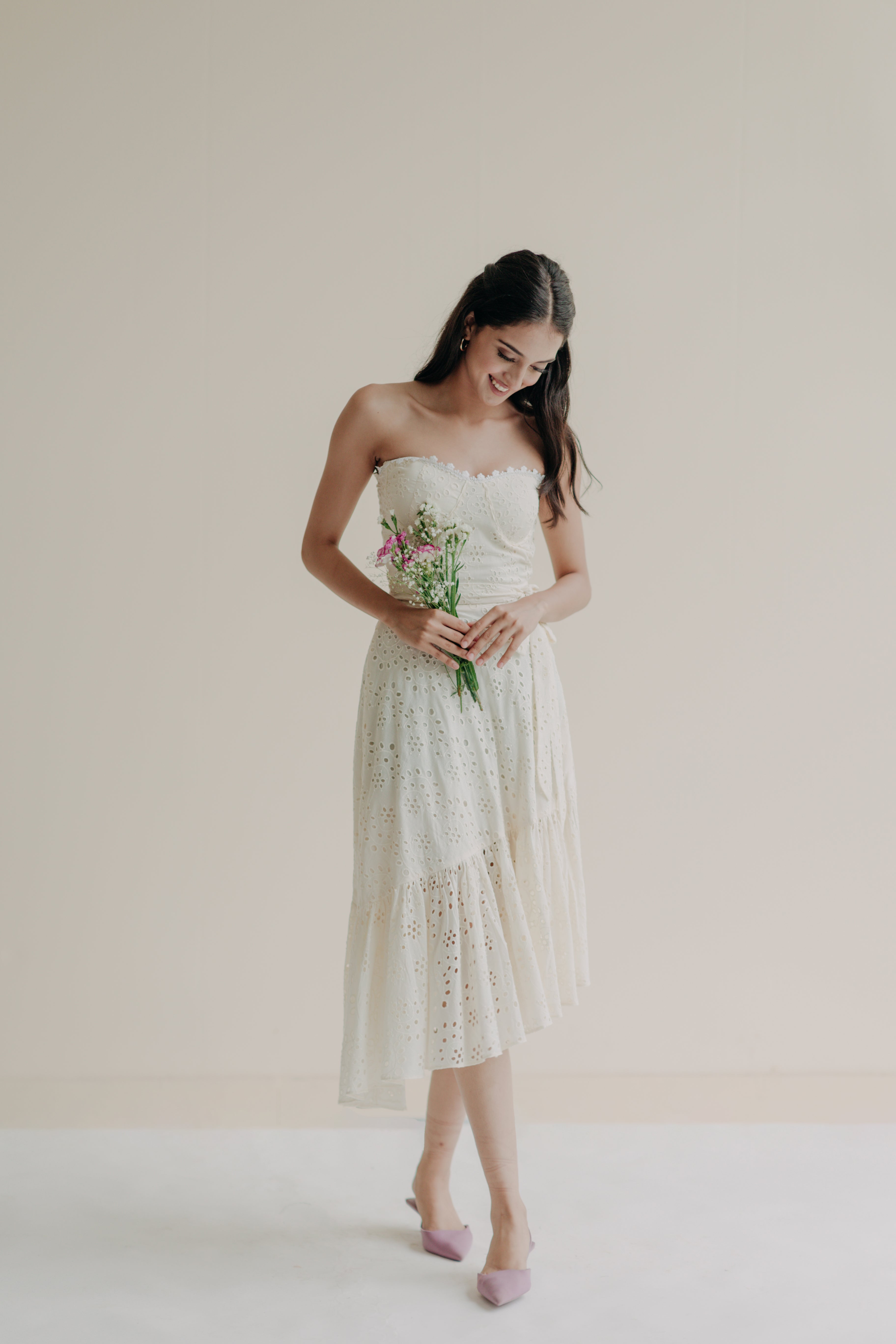 Ophelia Off-White Schiffli Midi Dress