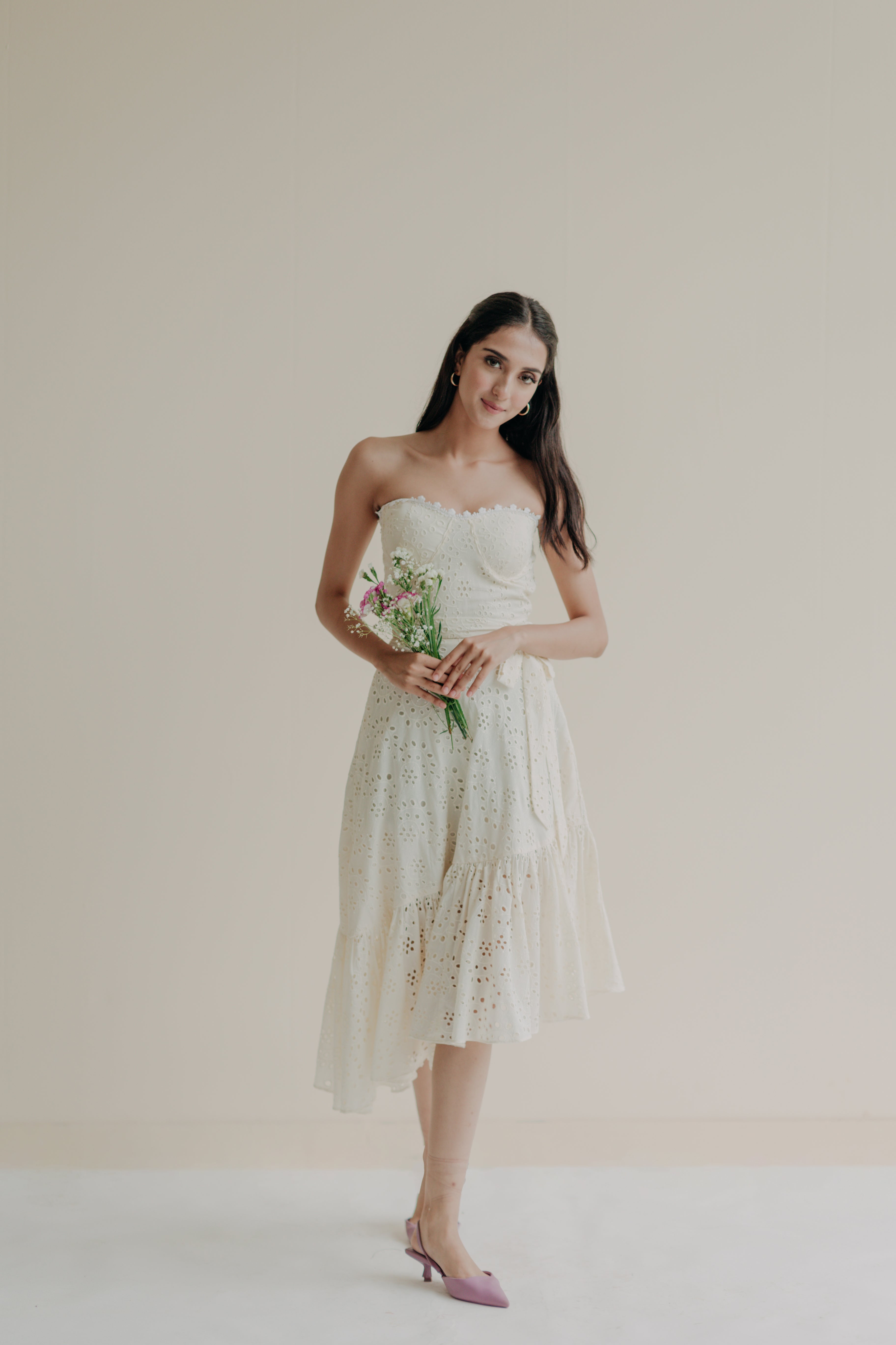 Ophelia Off-White Schiffli Midi Dress