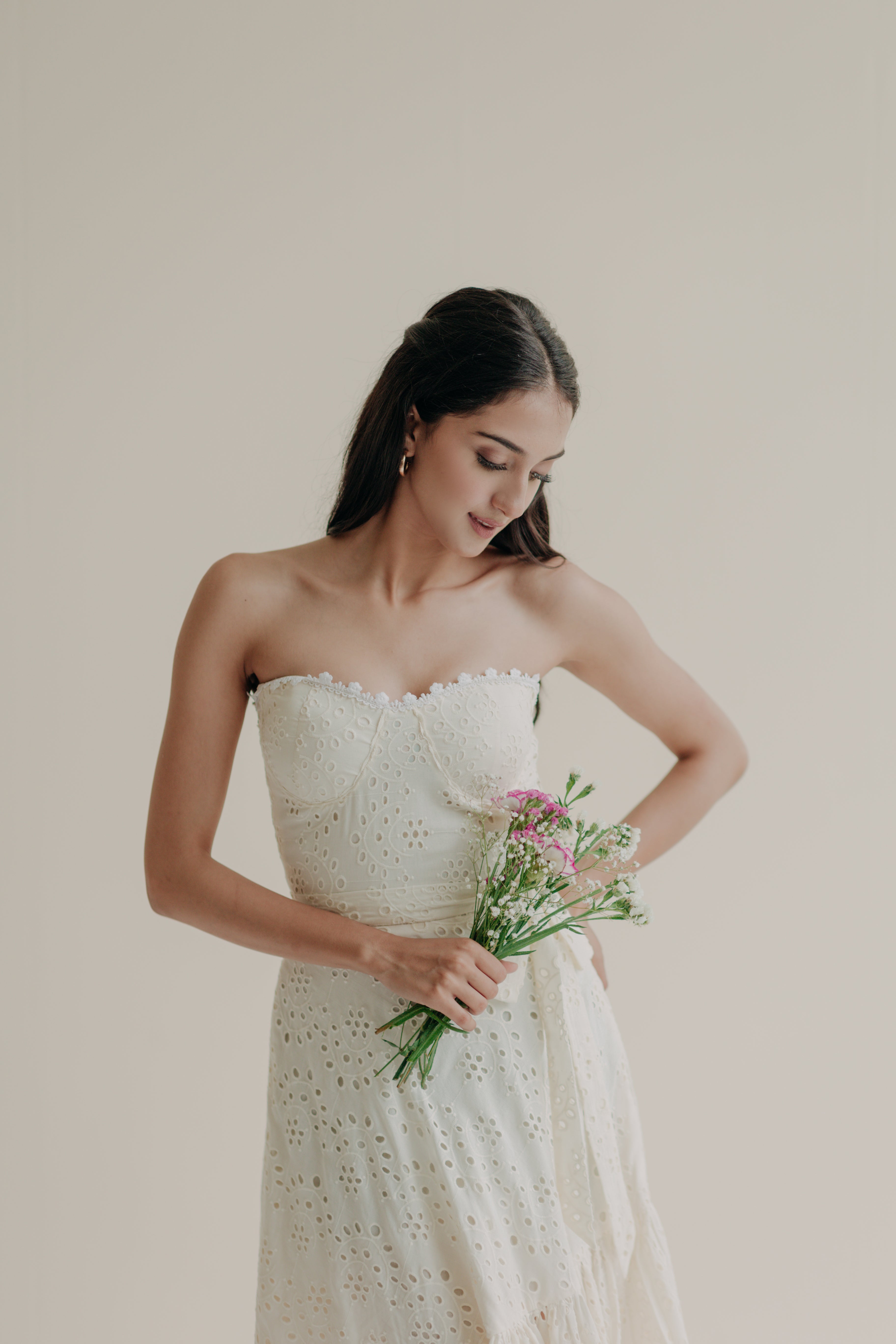 Ophelia Off-White Schiffli Midi Dress