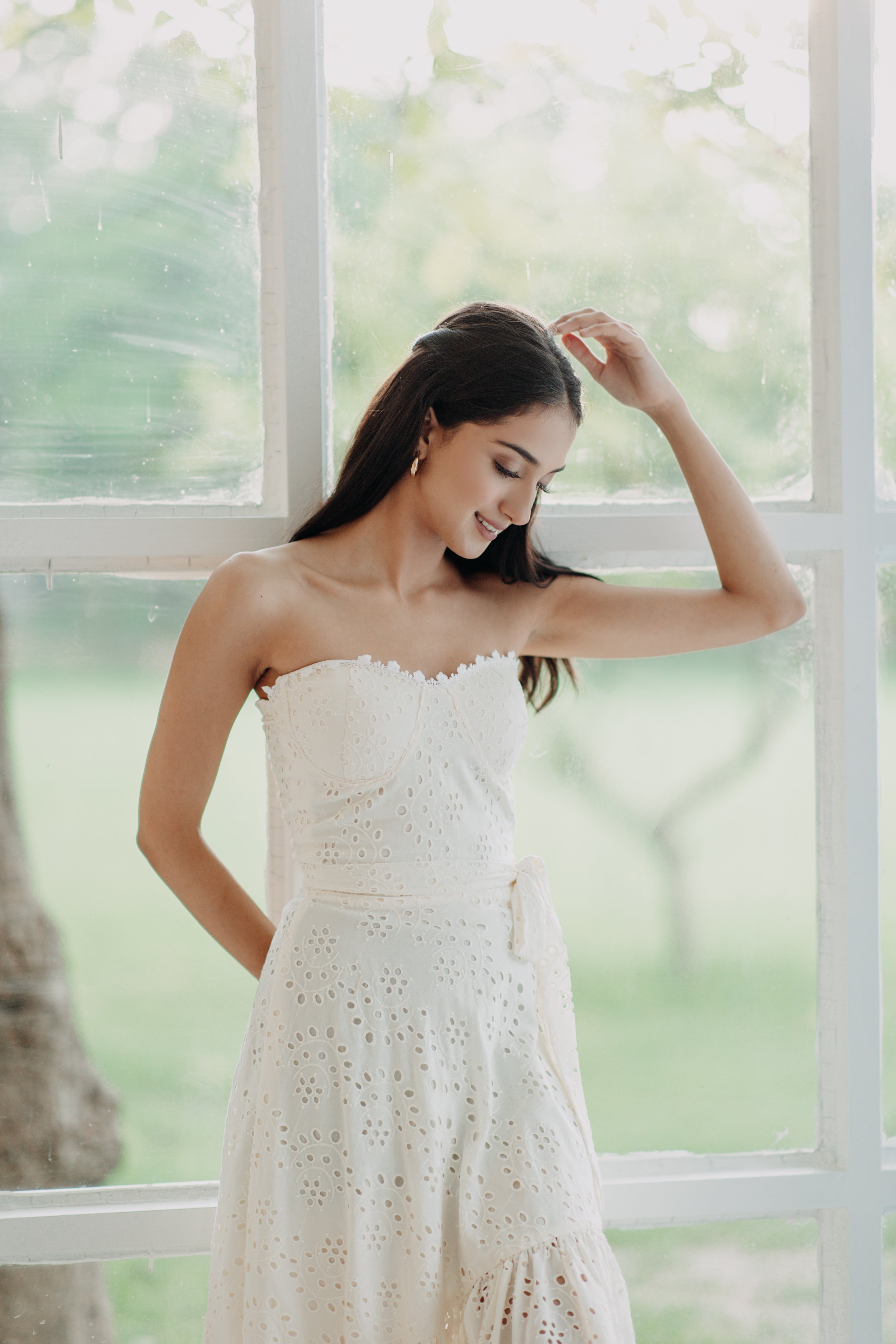 Ophelia Off-White Schiffli Midi Dress