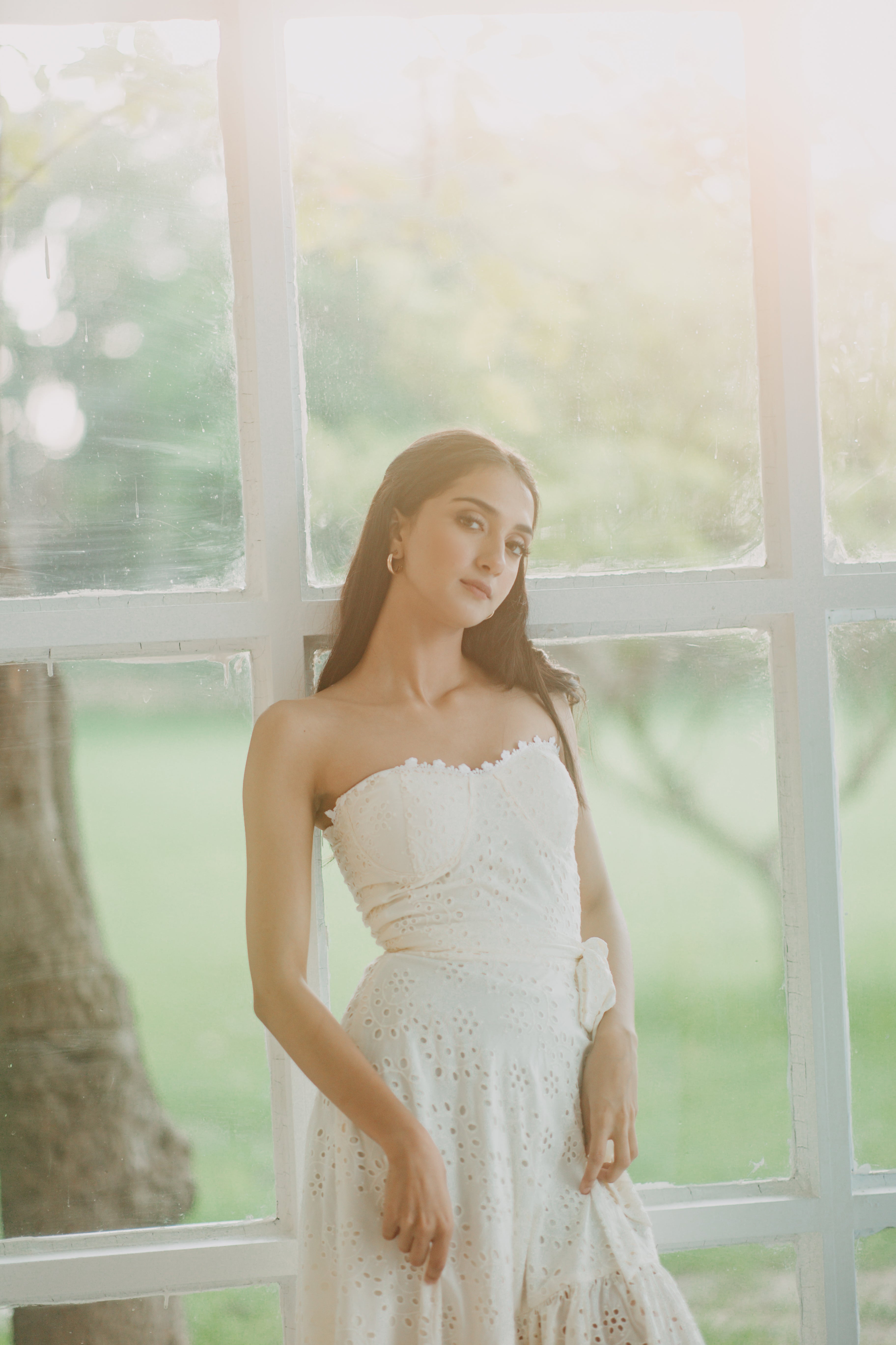 Ophelia Off-White Schiffli Midi Dress