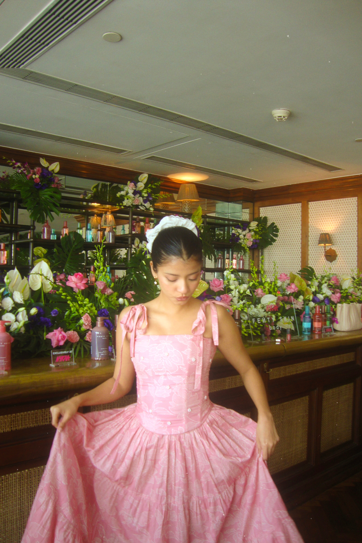 Kyoto Pink Floral Corset and Tiered Skirt Set with Pearl Handwork