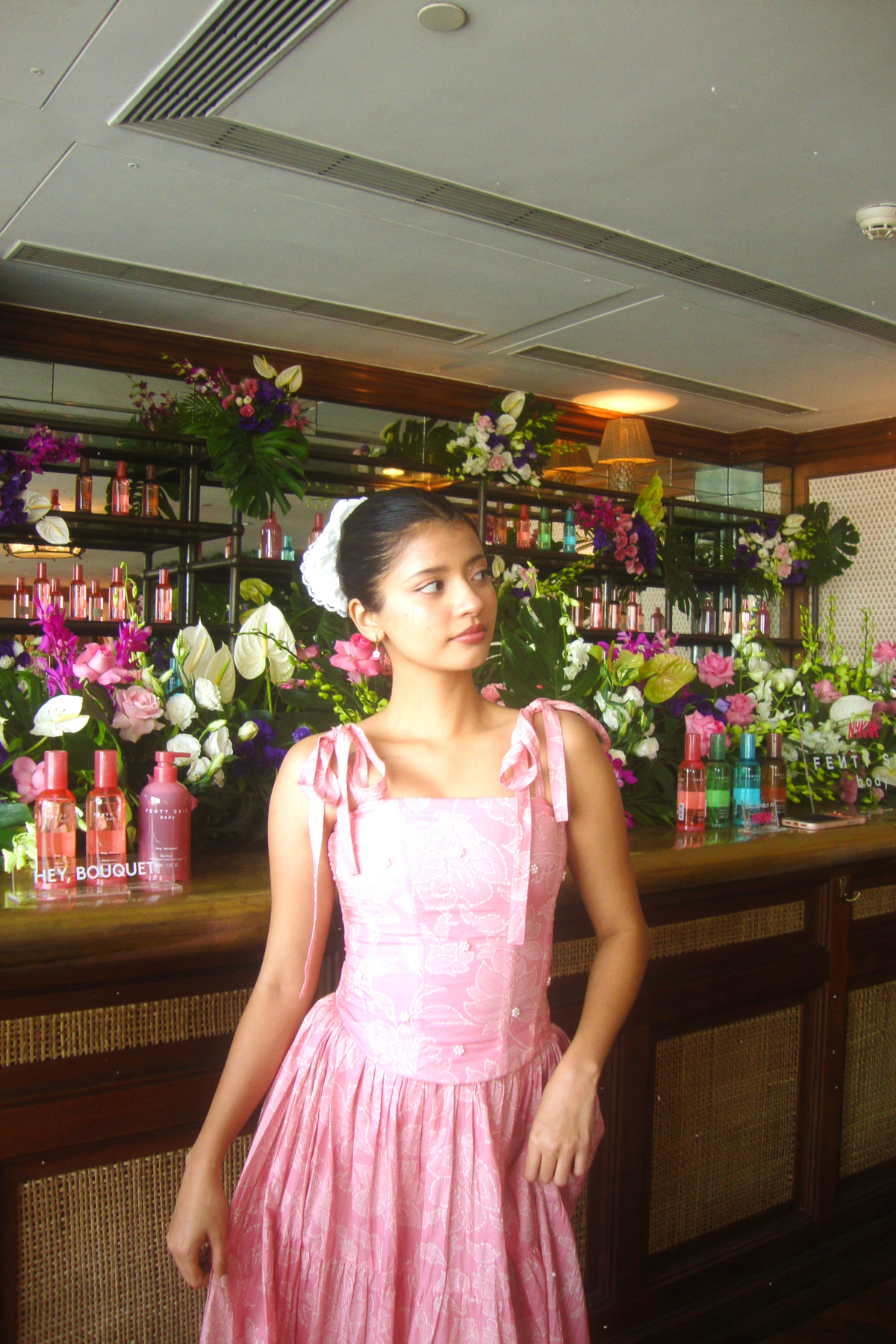 Kyoto Pink Floral Corset and Tiered Skirt Set with Pearl Handwork