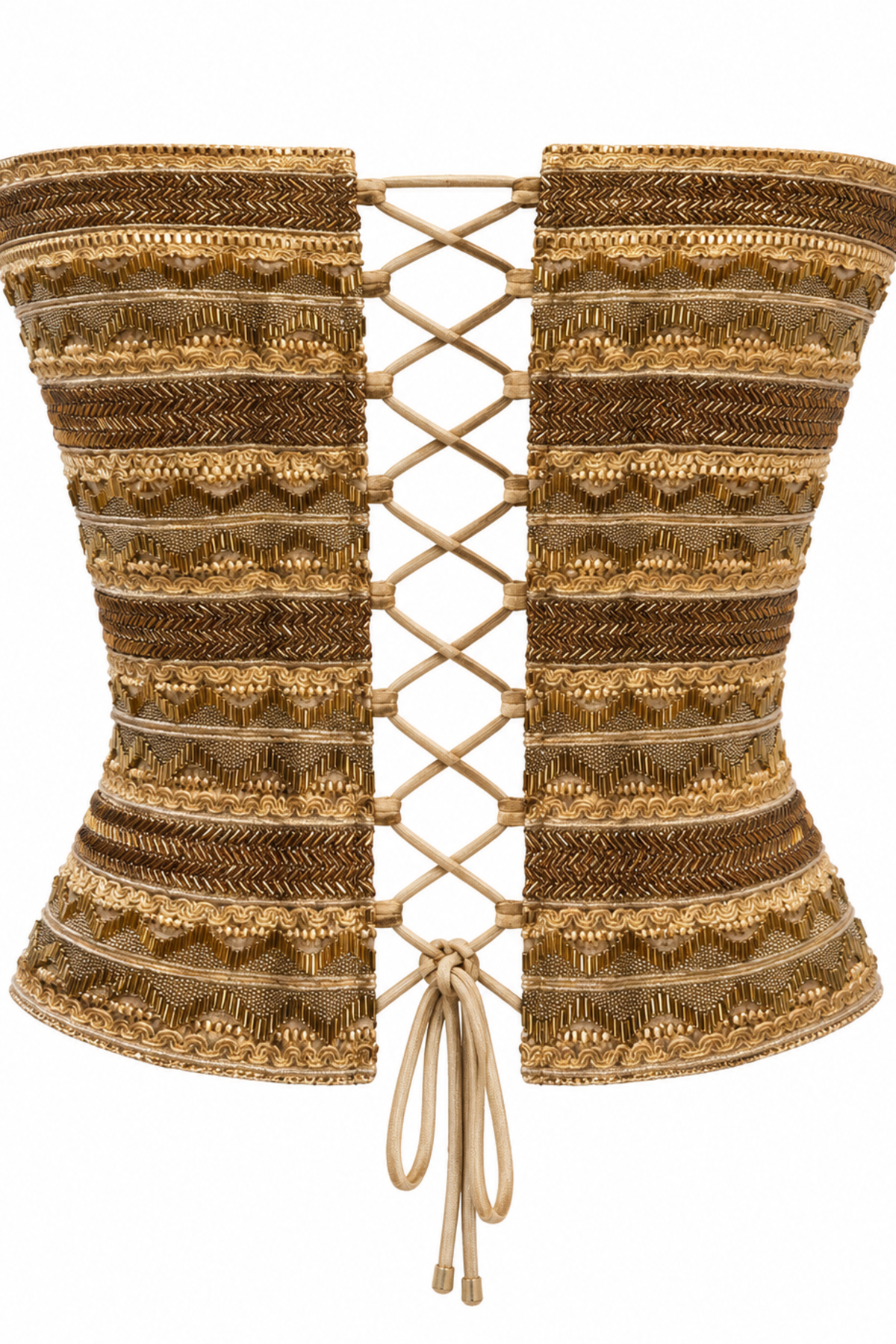 Mumtaz Gold Gota and Bugle Bead Lace Strapless Corset with Lace-Up Back