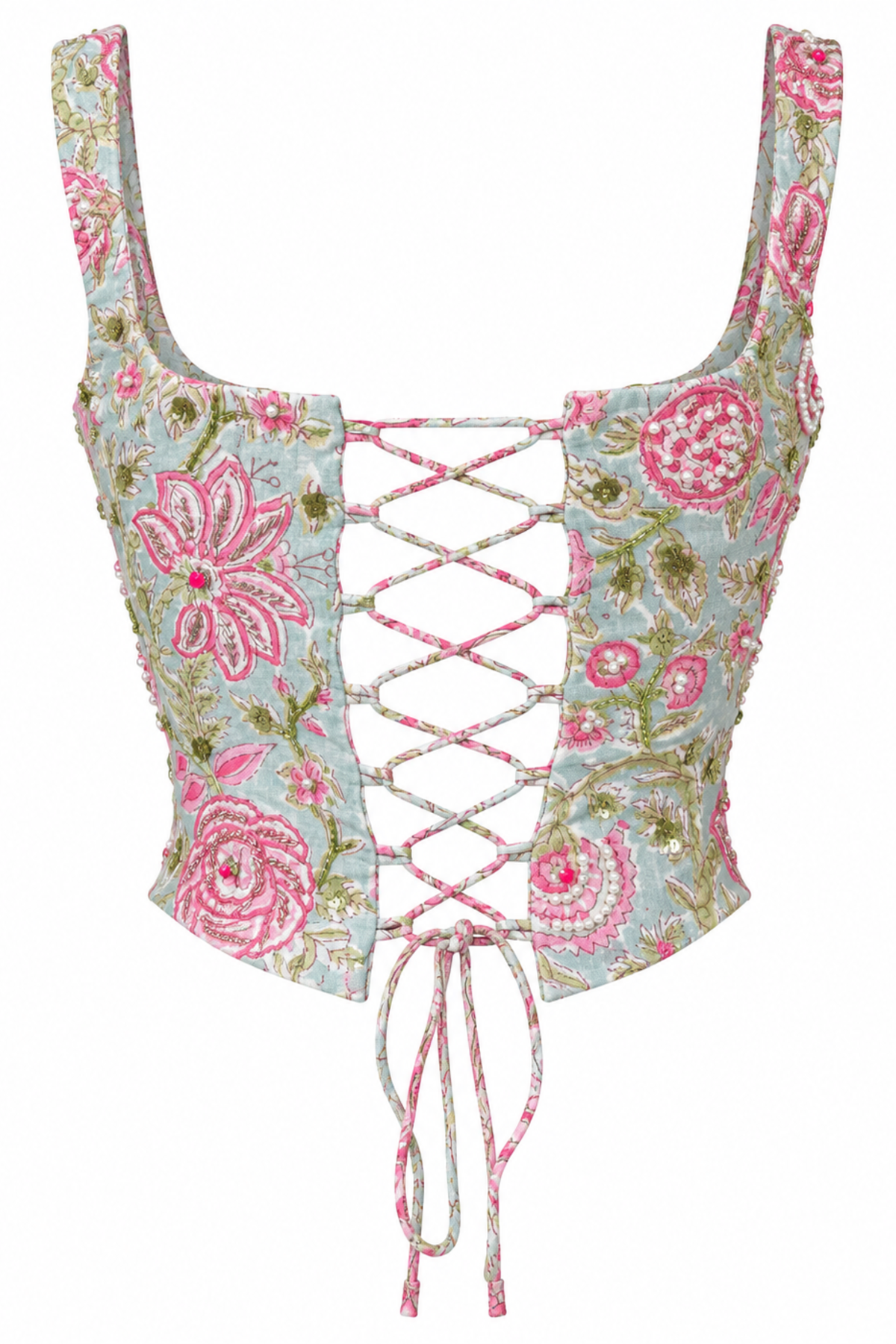 Gulkand Powder Blue Floral Block-Print Corset Top with Pearl and Sequin Handwork