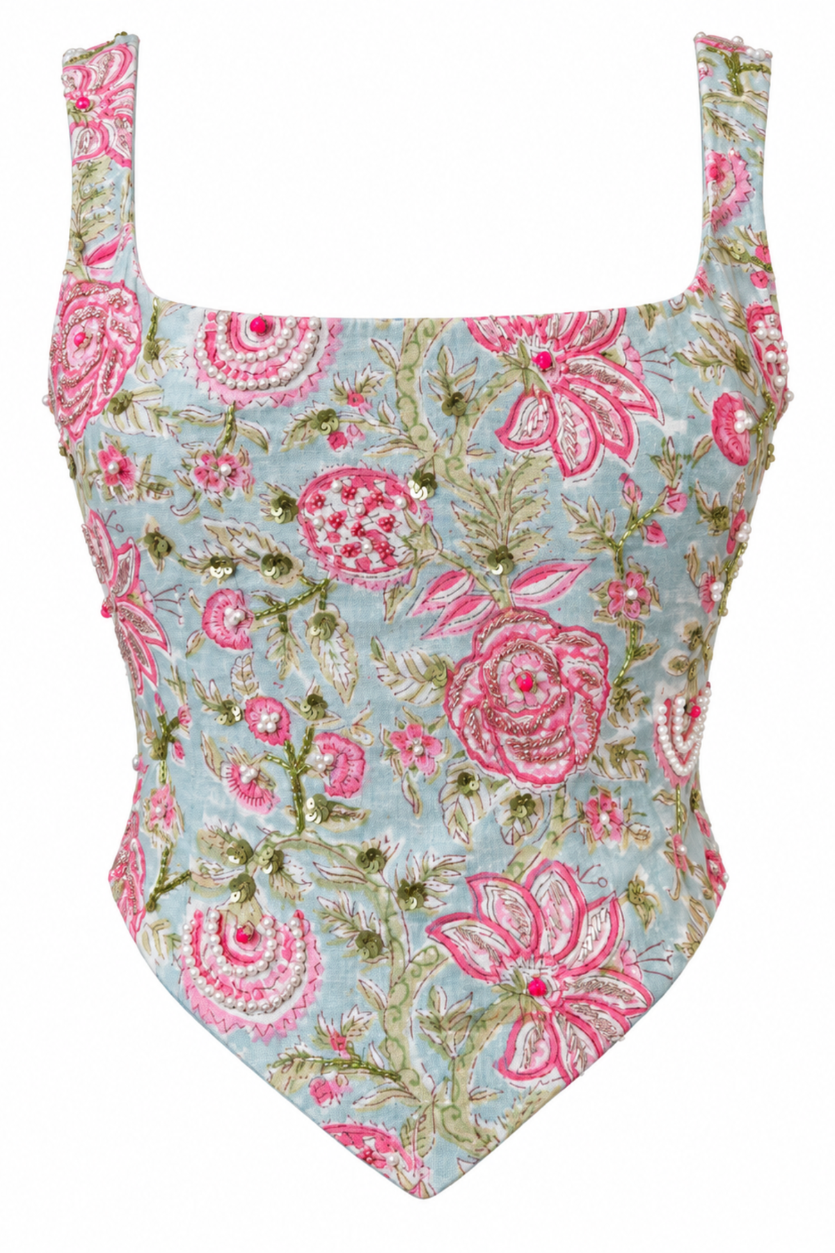 Gulkand Powder Blue Floral Block-Print Corset Top with Pearl and Sequin Handwork