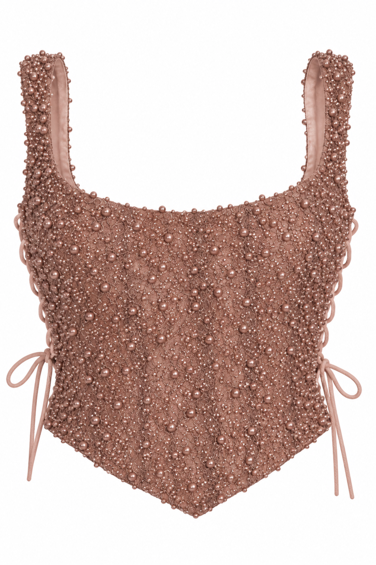 Chikoo Taupe Pearl Beaded Lace Corset Top with Side Lace-Up