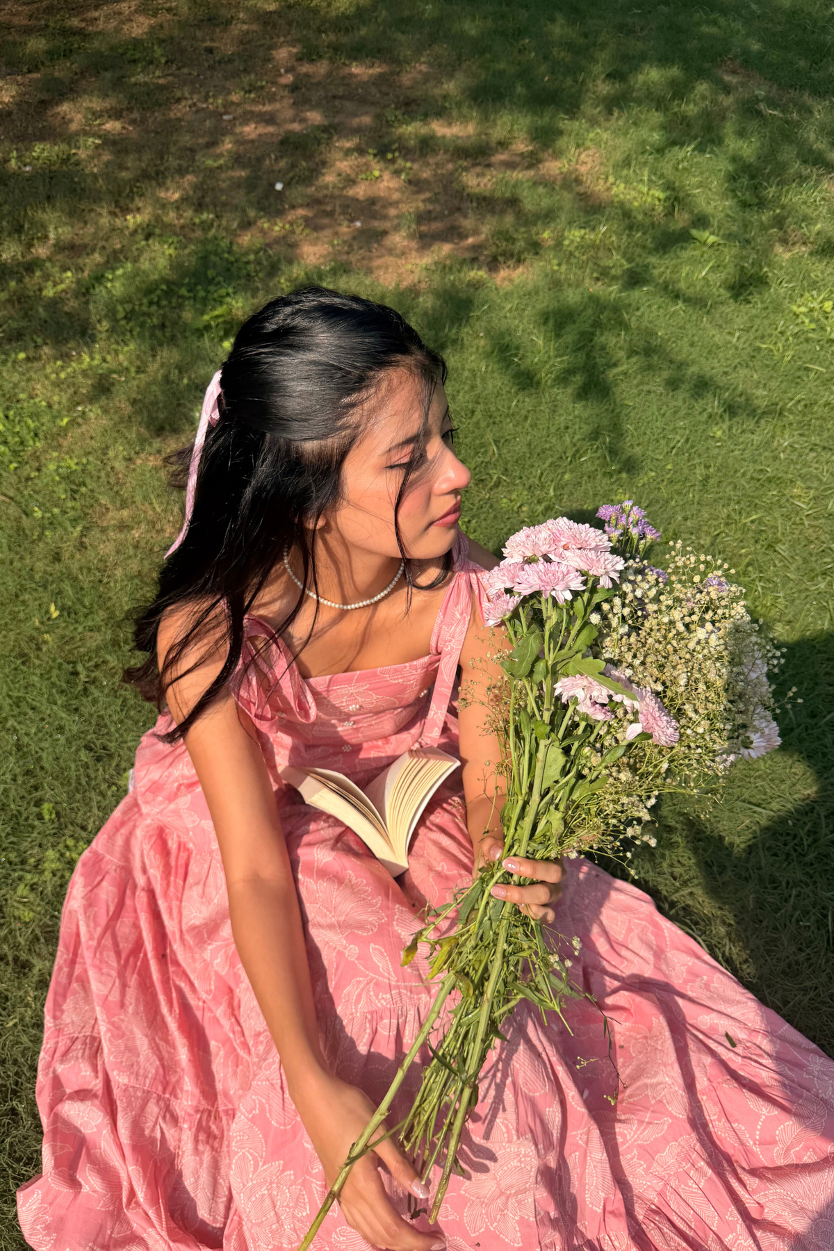 Kyoto Pink Floral Corset and Tiered Skirt Set with Pearl Handwork