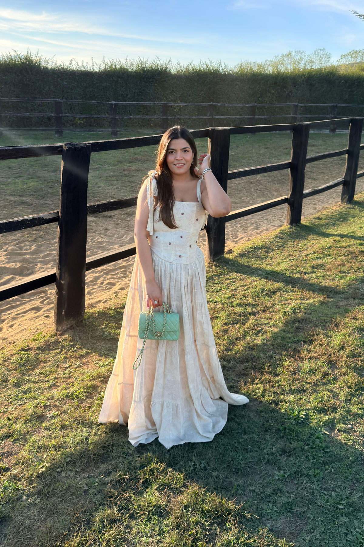 Florence Ivory Linen Corset and Tiered Skirt Set with Pearl Handwork