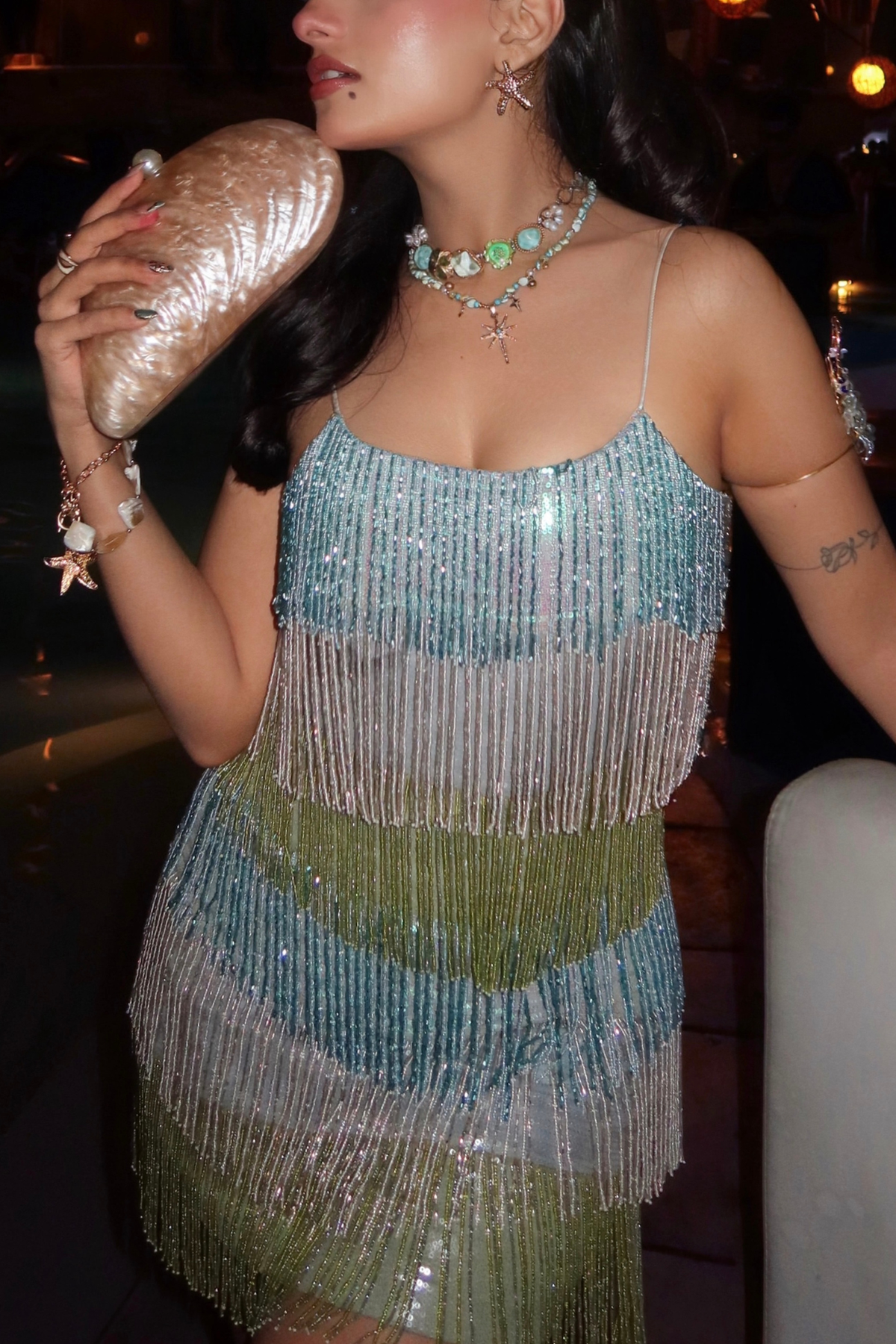 Mykonos Blue Fringe Embellished Mini Dress