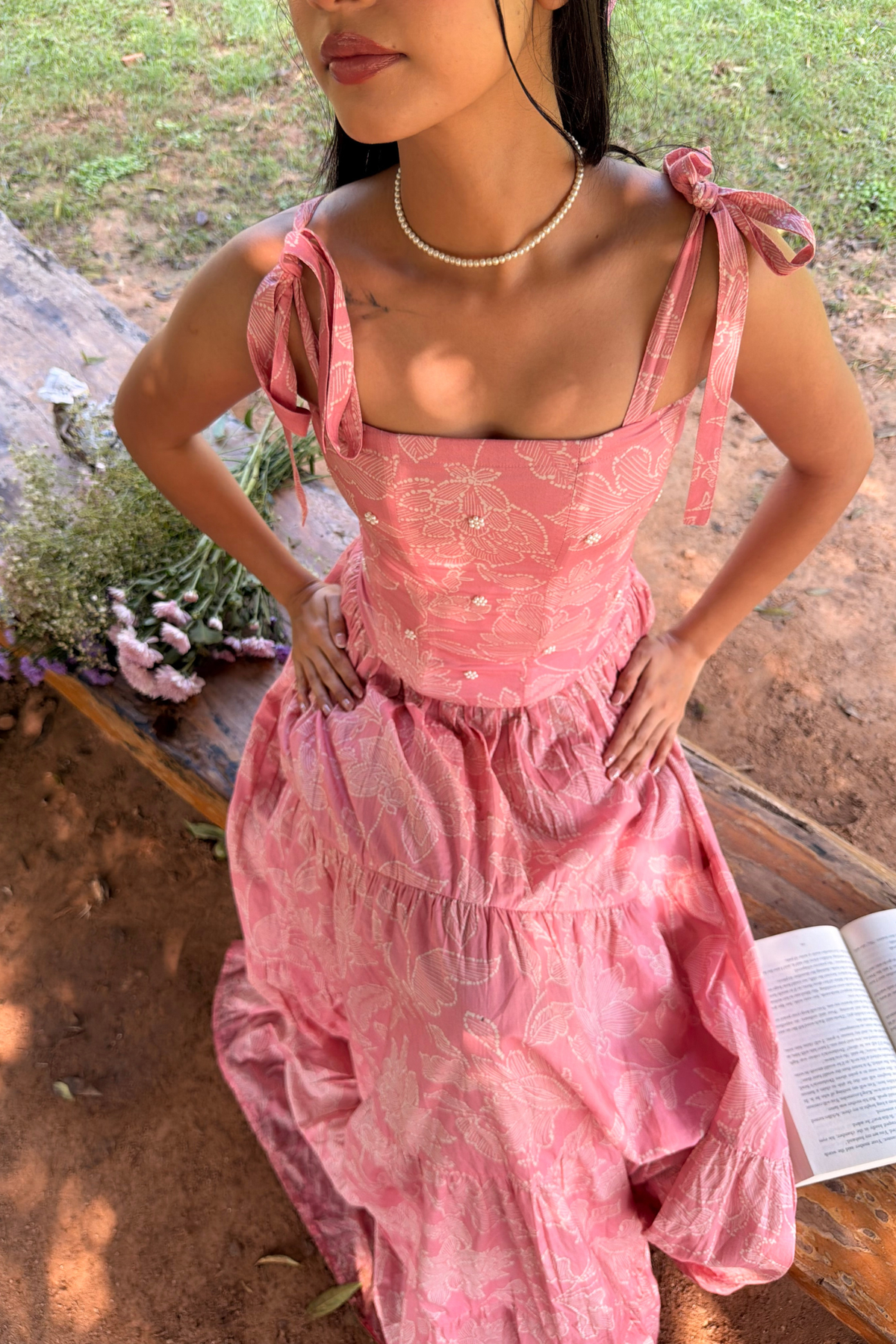 Kyoto Pink Floral Corset and Tiered Skirt Set with Pearl Handwork
