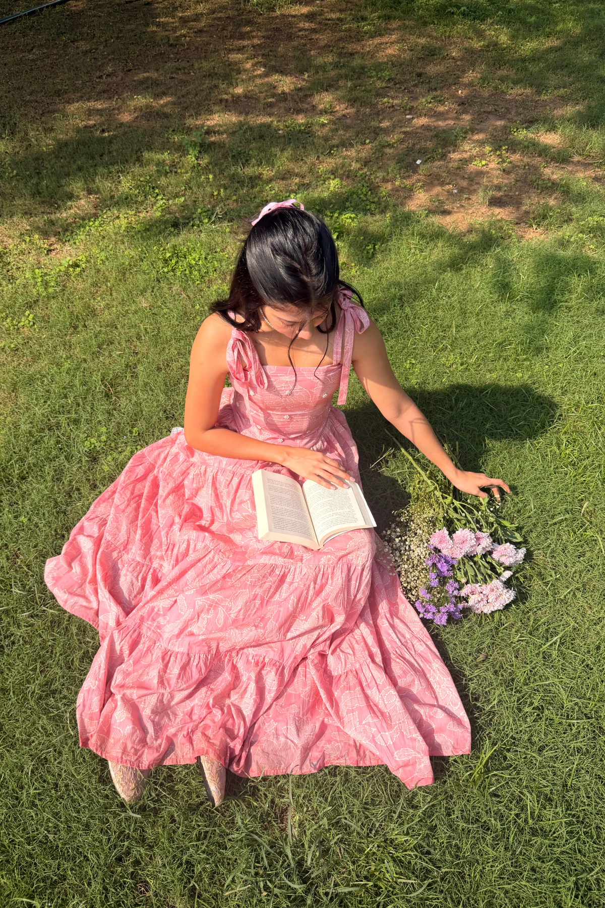 Kyoto Pink Floral Corset and Tiered Skirt Set with Pearl Handwork