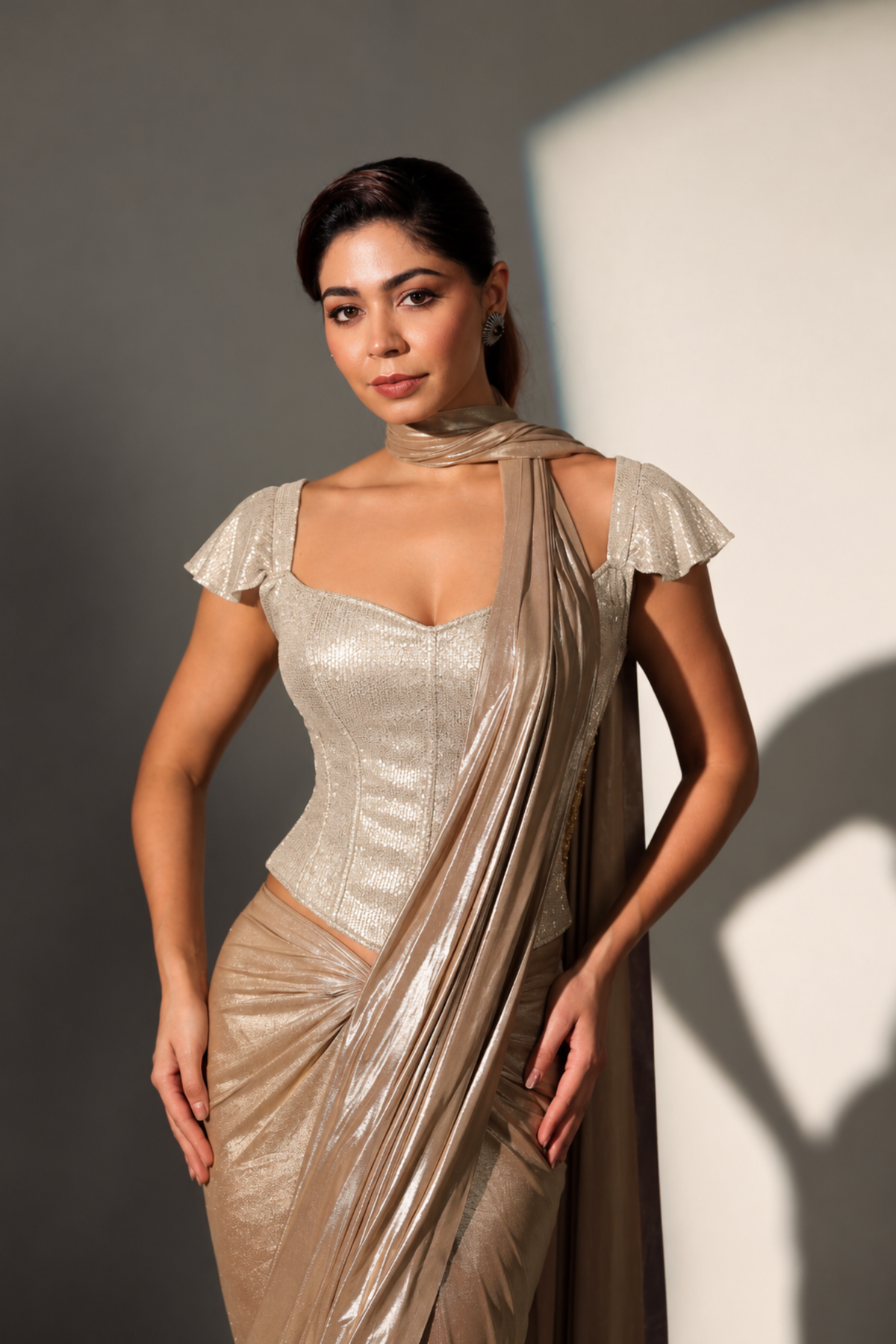 Paro Champagne Sequin Corset Top with Flutter Sleeves and Lace-Up Back