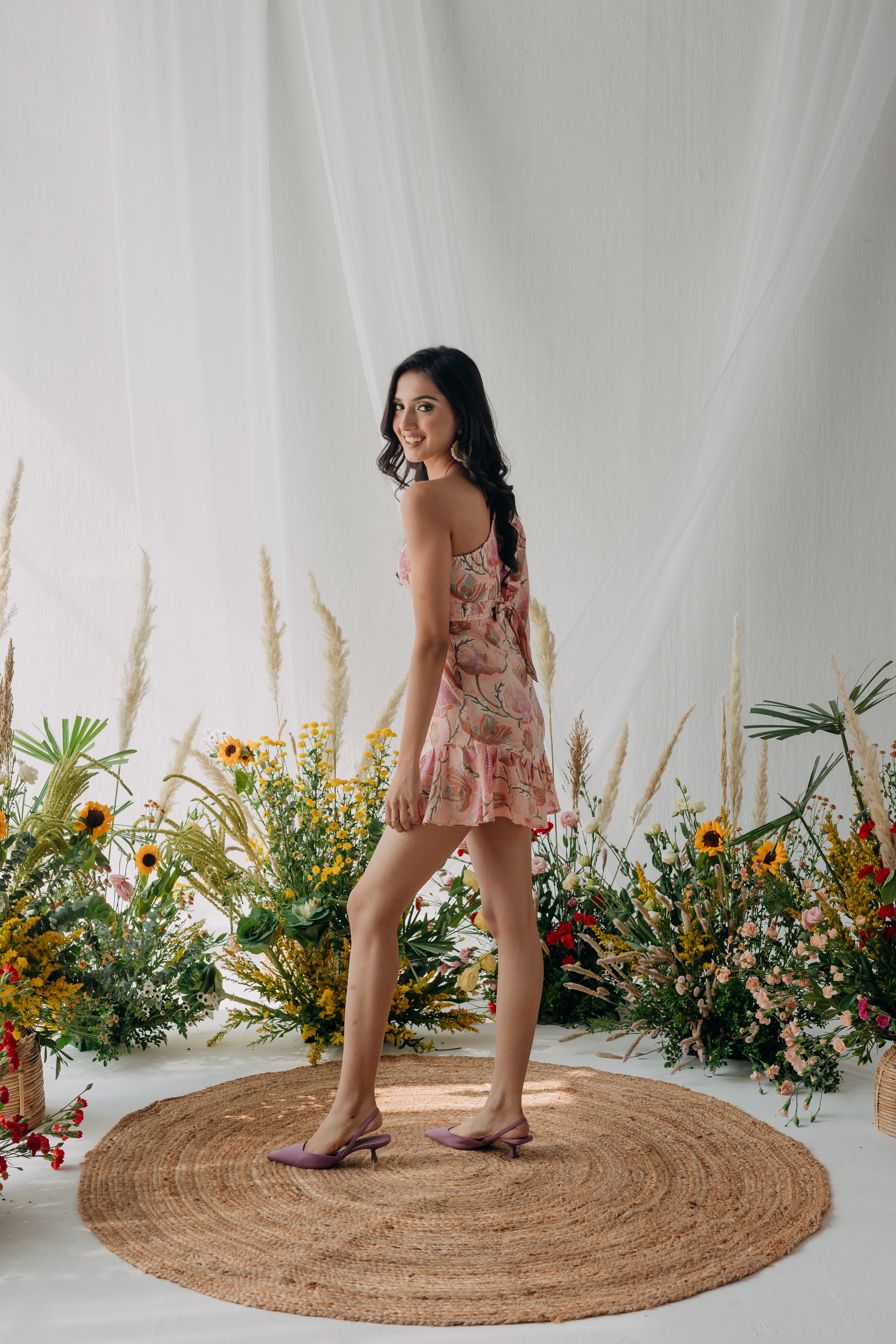 Lolita Pink Printed Cotton One Shoulder Dress