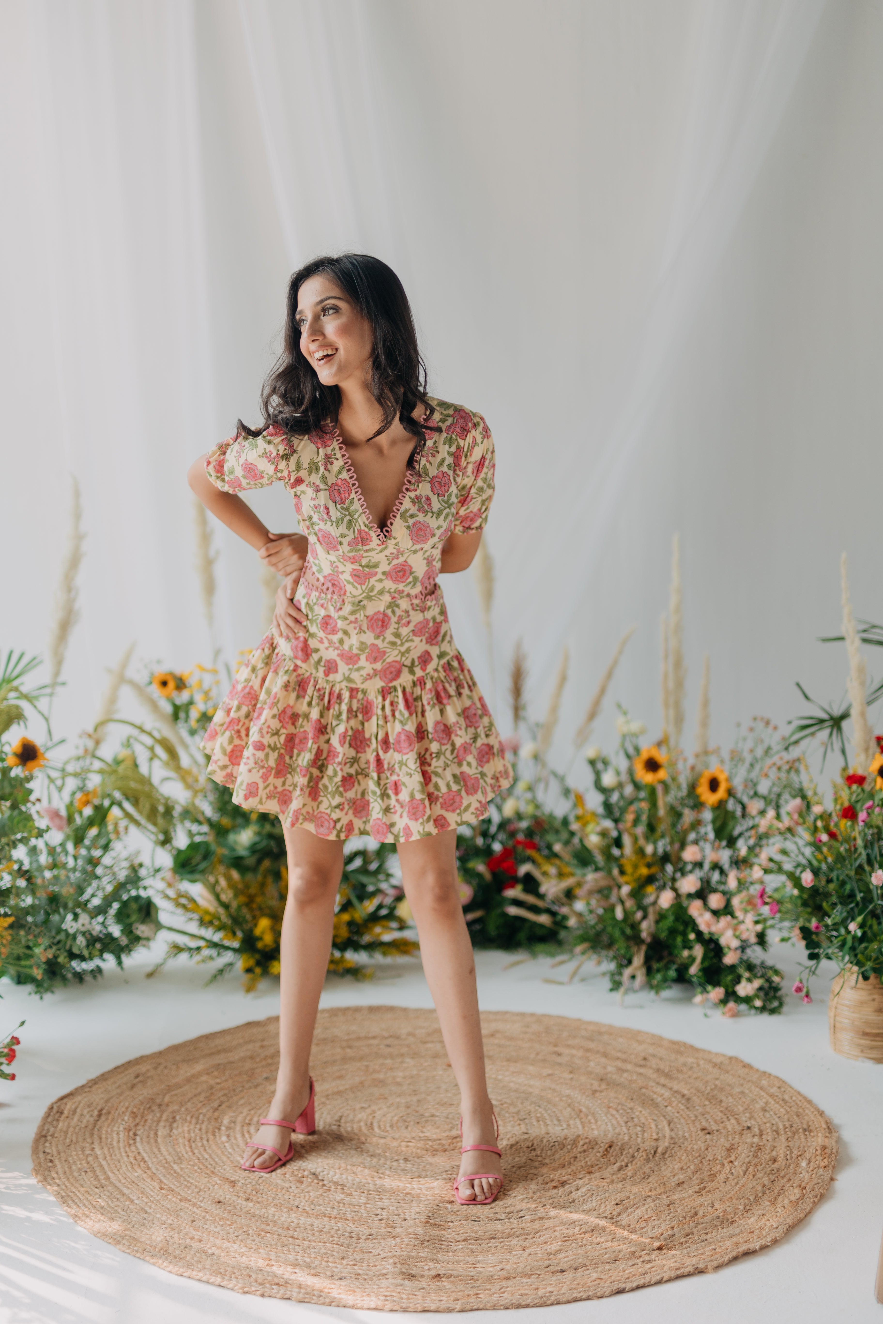 Ella Yellow Printed Cotton Short Dress