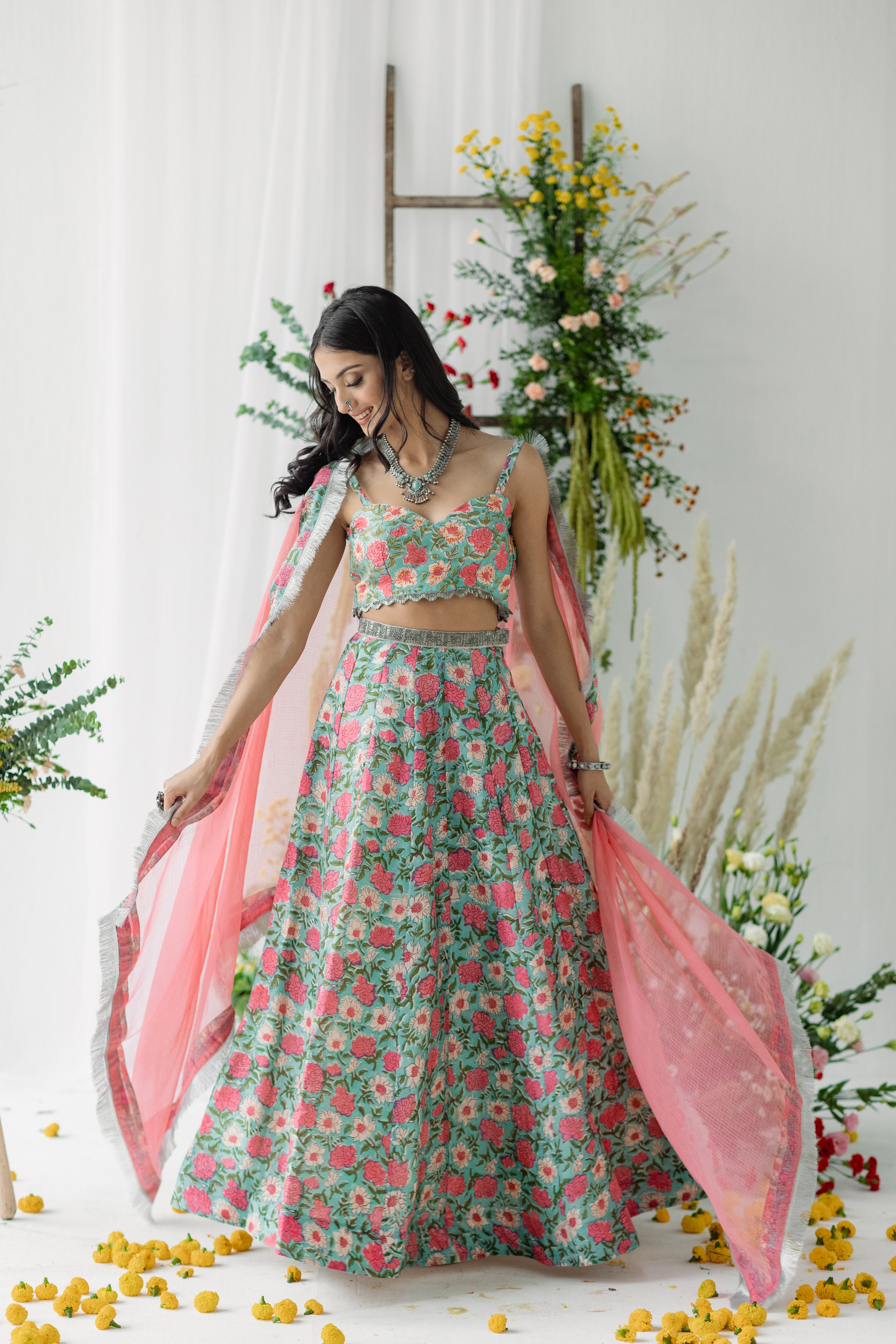 Harsingaar Blue & Pink Printed Chanderi Lehenga Set