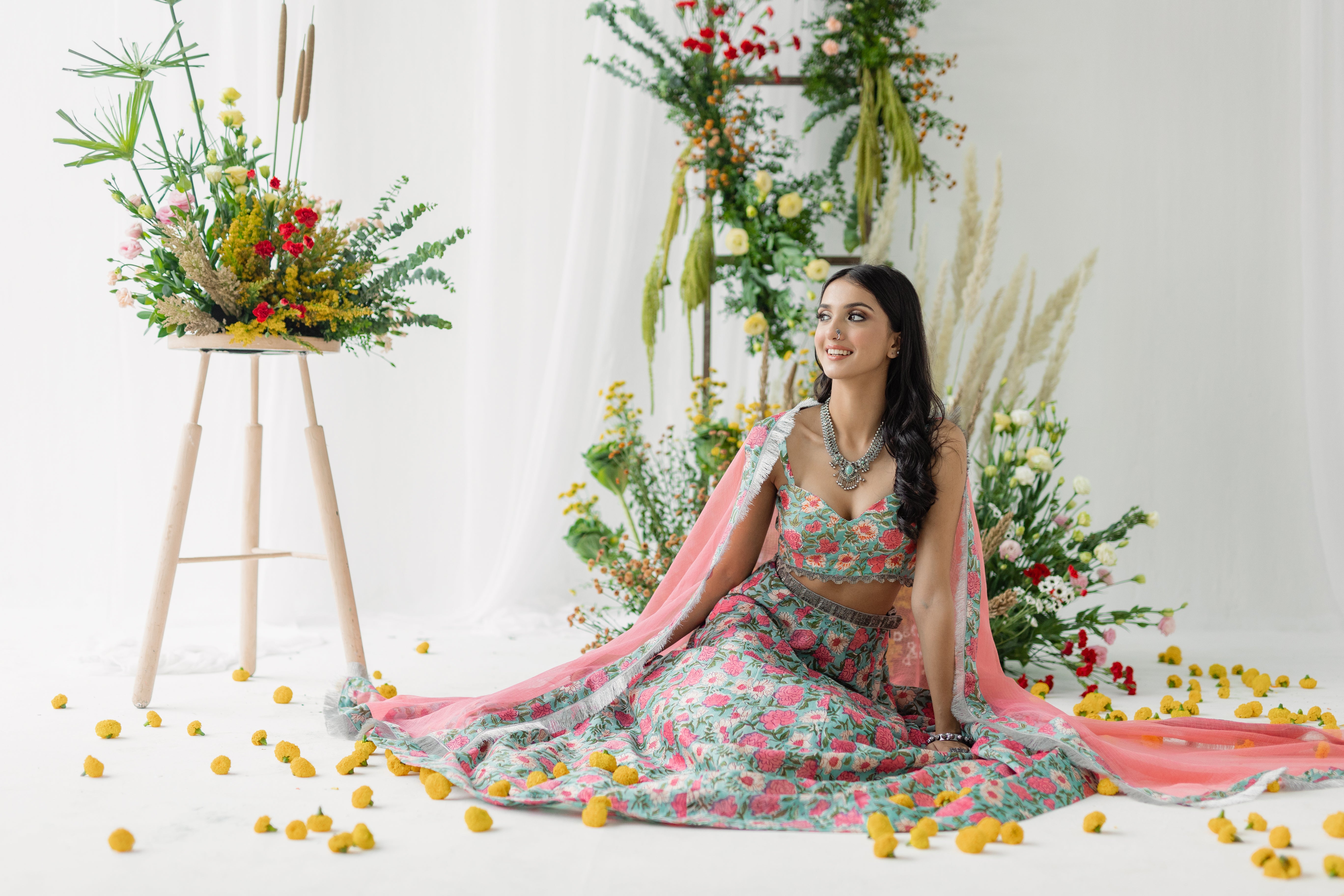 Harsingaar Blue & Pink Printed Chanderi Lehenga Set