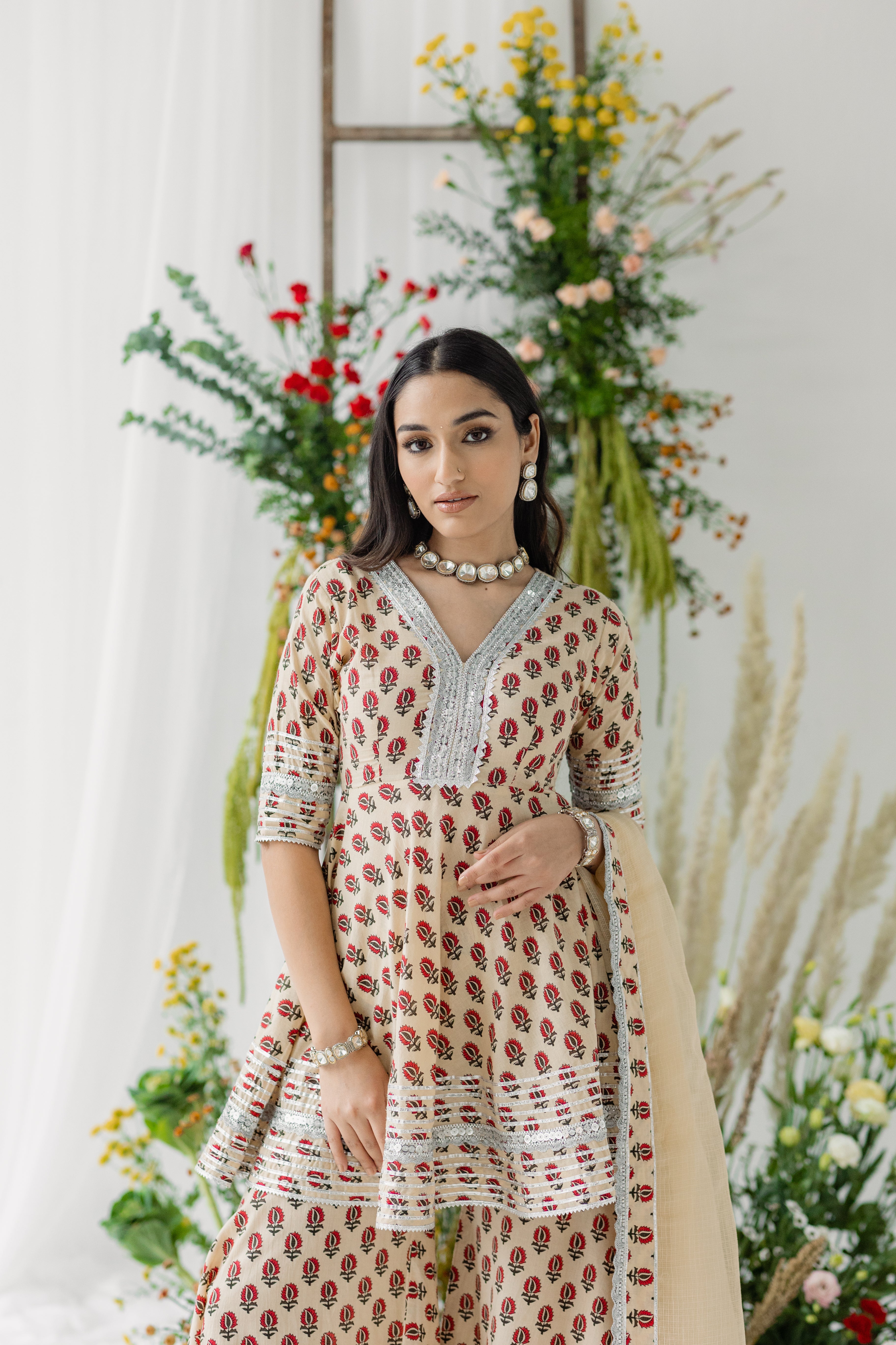 Daffodil Beige & Red Printed Cotton Gharara Set of 3