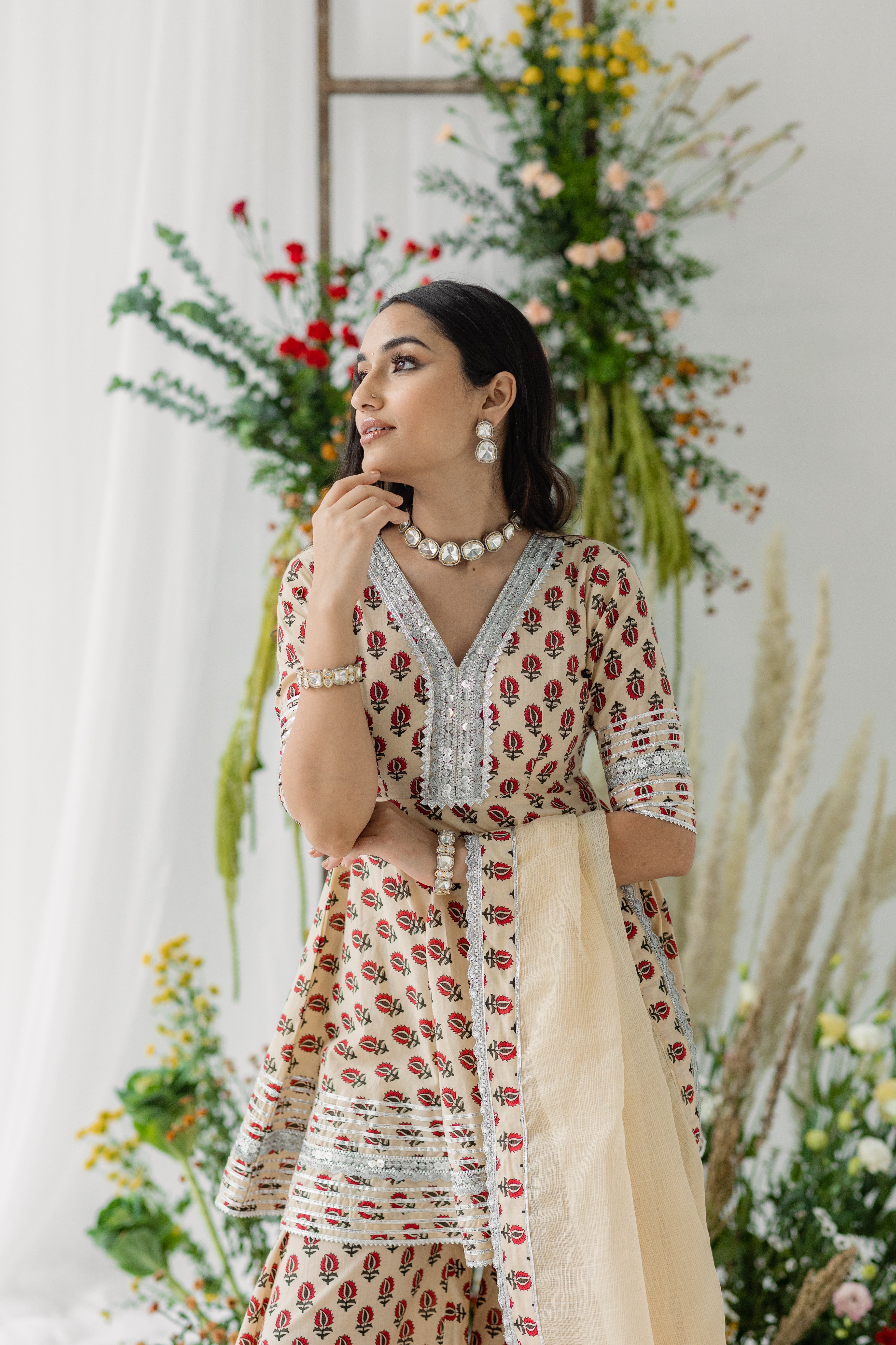 Daffodil Beige & Red Printed Cotton Gharara Set of 3