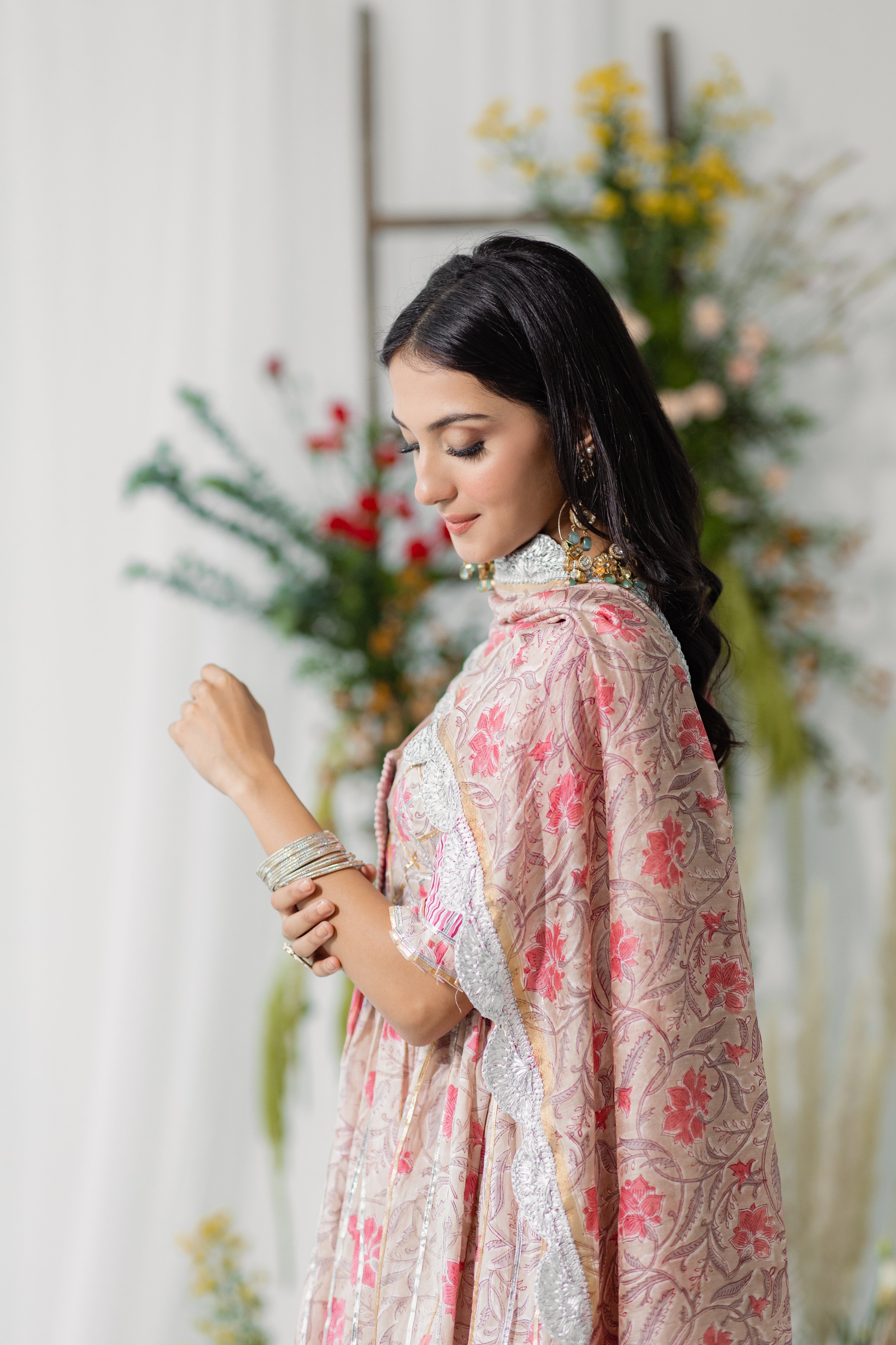 Crossandra Beige & Pink Printed Chanderi Dupatta