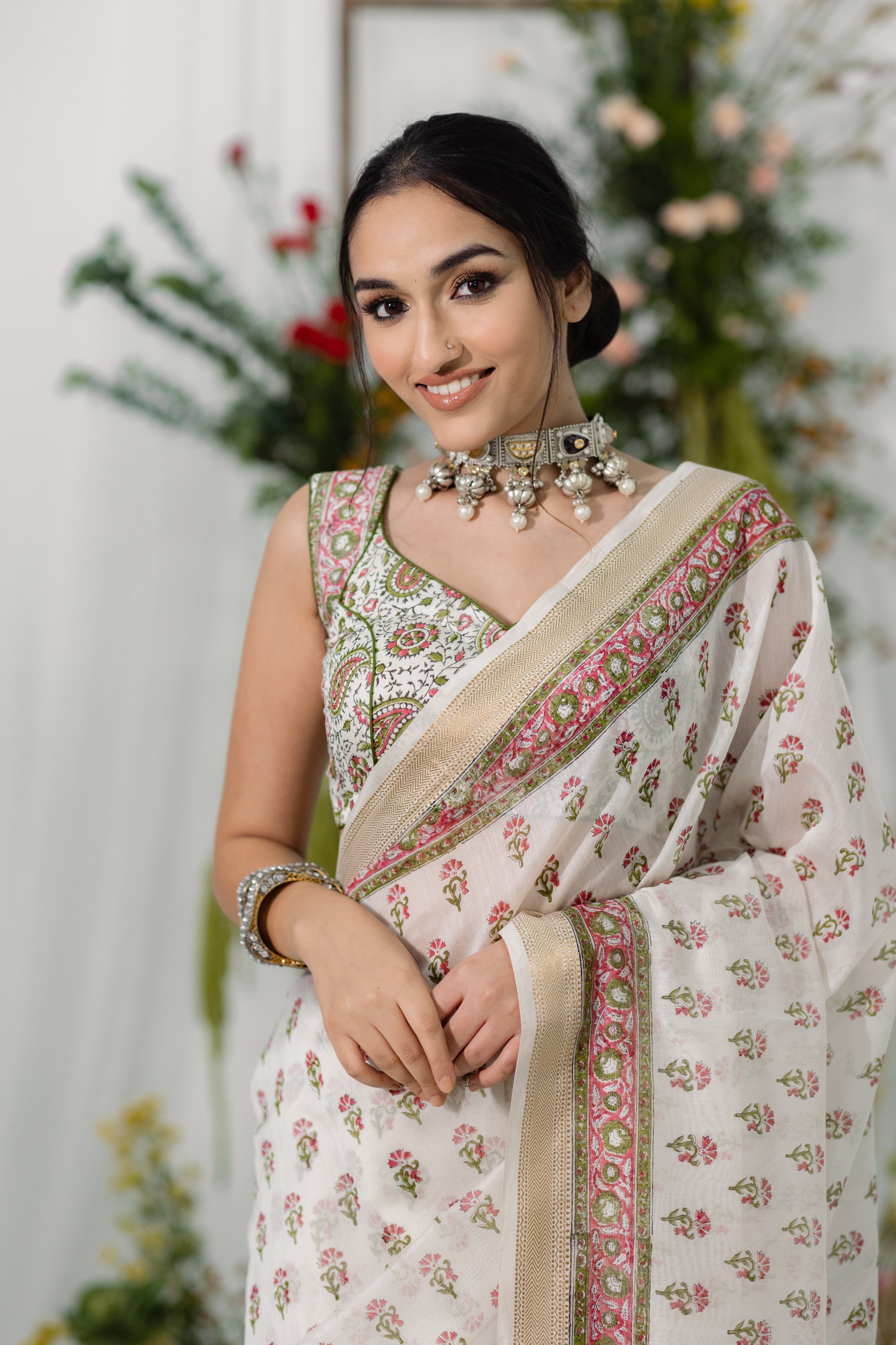 Gulbahaar White Printed Chanderi Silk Saree