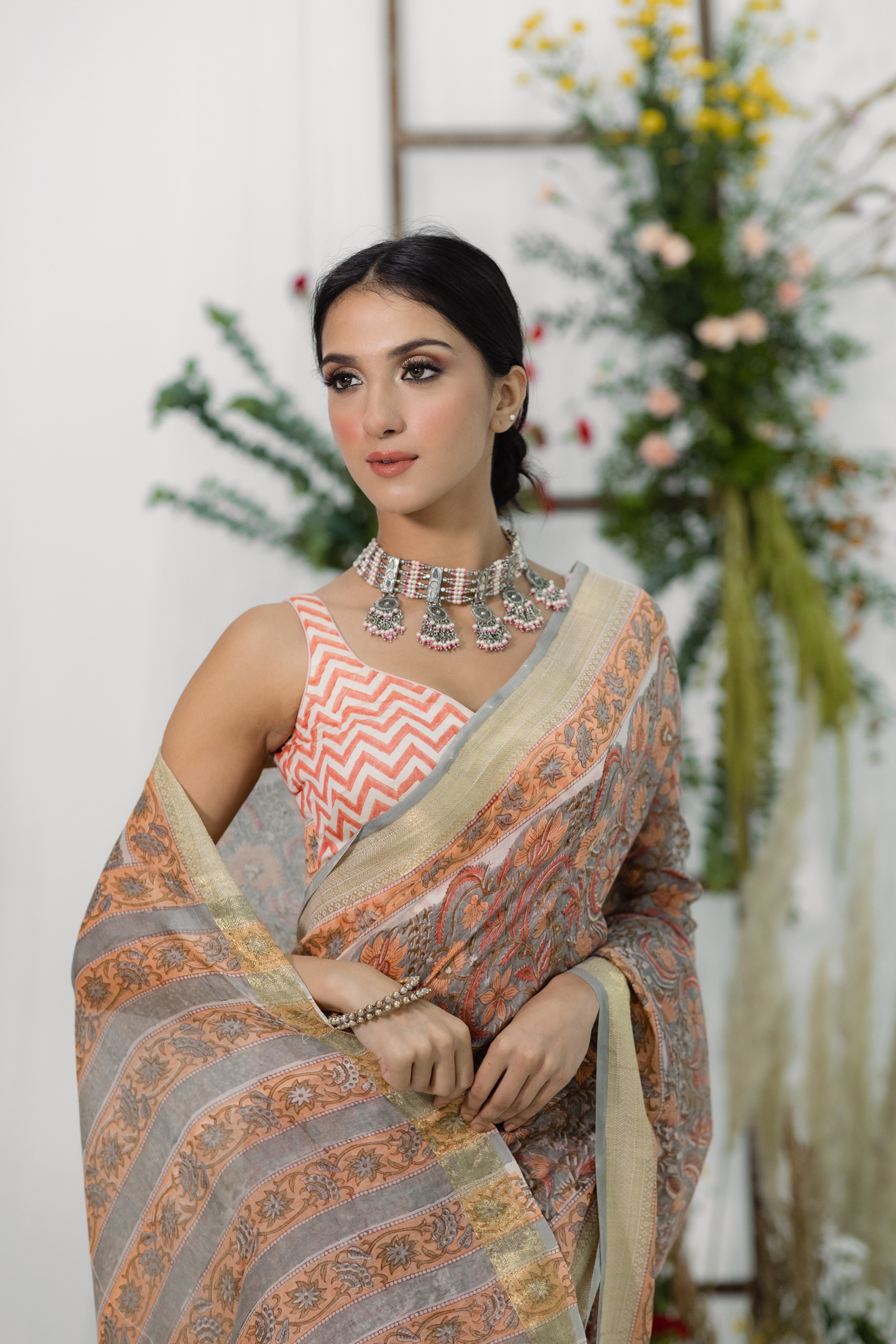 Gulaab Peach & Grey Printed Chanderi Silk Saree